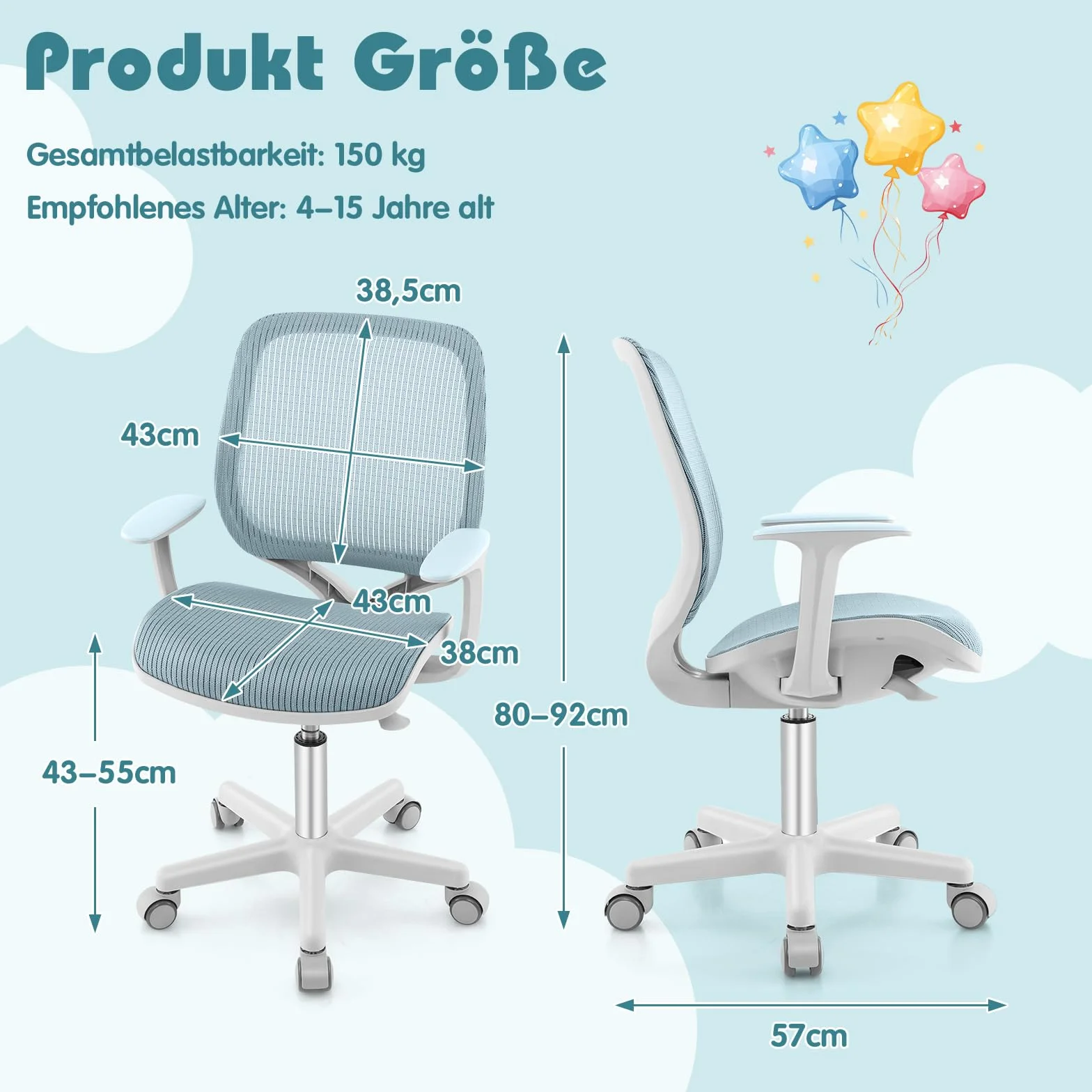 GOPLUS Krzesło biurowe dla dzieci, obrotowe krzesło dziecięce z regulacją wysokości, wysokość siedziska 43-55 cm, krzesło biurowe z oparciem, podłokietnikami i kółkami, ergonomiczne krzesło dla dzieci
