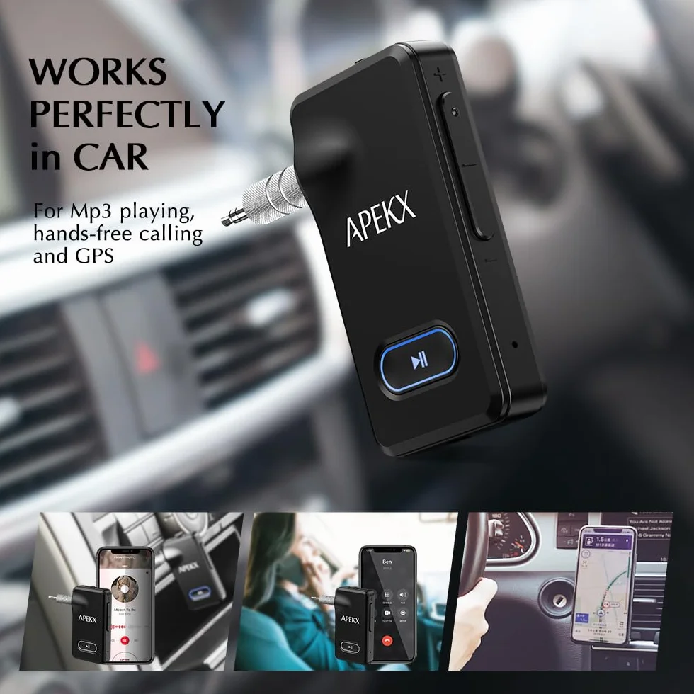 APEKX Adapter samochodowy Bluetooth, bezprzewodowy odbiornik audio Hi-Fi 3,5 mm Aux z 15 godzinami pracy na baterii, do domowego zestawu stereo, przewodowych słuchawek i głośników (czarny)
