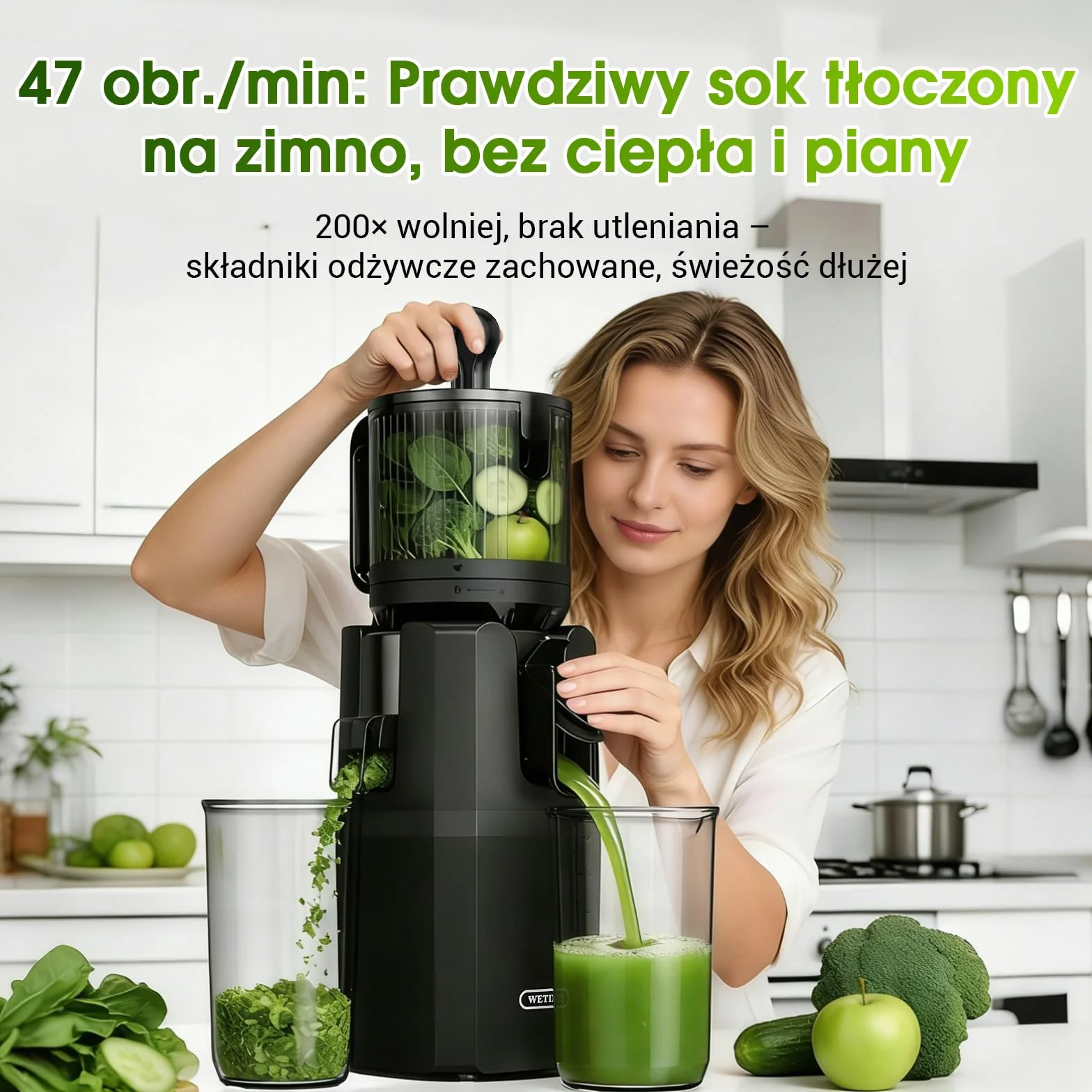 WETIE Wyciskarka Wolnoobrotowa 120 mm Podajnik XXL 99% Wydajność Bez BPA 2 Szklanki