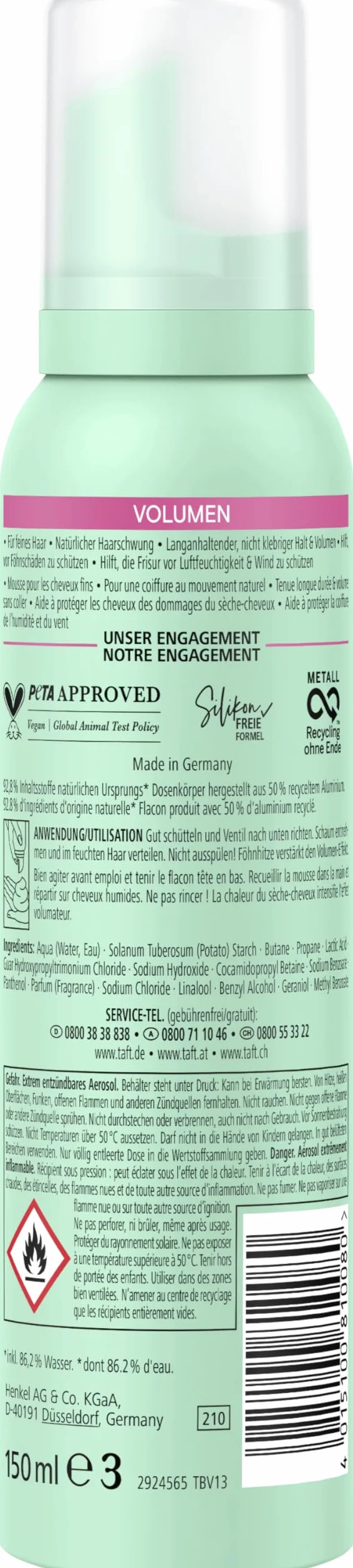Schwarzkopf Taft Foam Volume (150 ml), stopień trwałości 4, pianka do włosów cienkich, pianka do włosów o dużej objętości, zapobiega uszkodzeniom suszarki bez klejenia, wegańska formuła