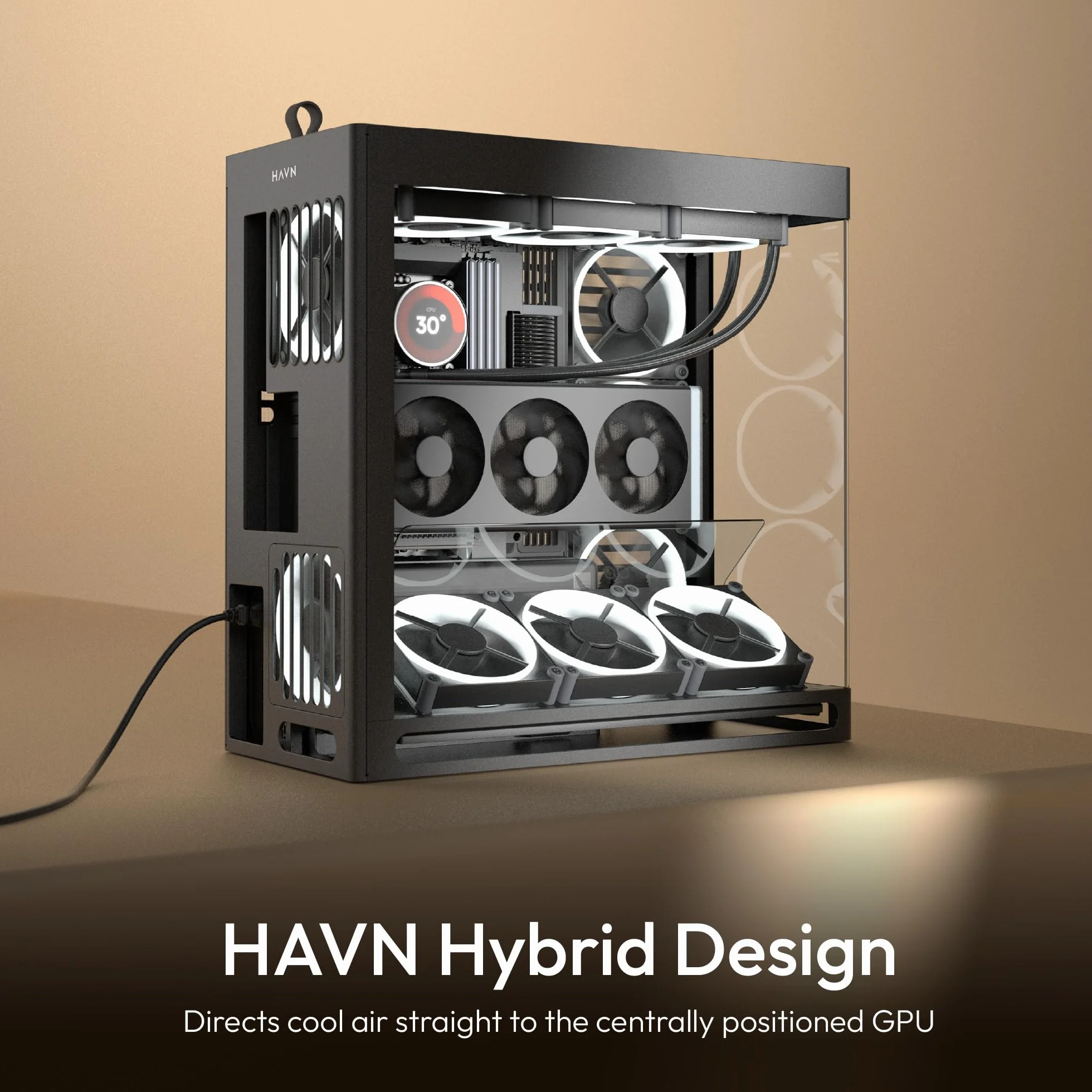 HAVN HS 420 VGPU dwukomorowa obudowa ATX Mid Tower PC czarna | Pionowy zestaw GPU PCIe 5.0, wentylatory 11 x 140 mm i wsparcie chłodnicy 3 x 420 mm, proste zarządzanie kablami, szkło hartowane,