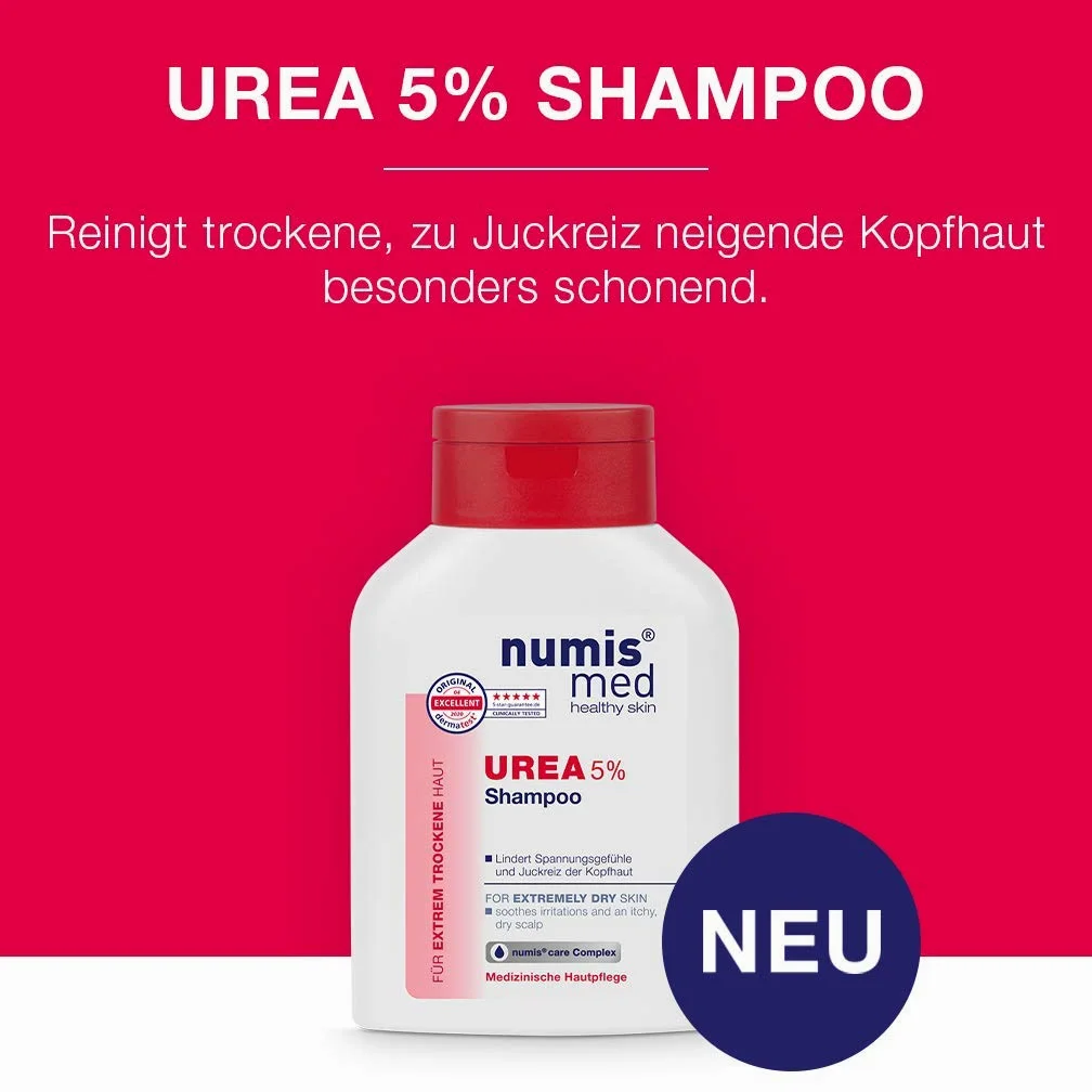 numis med Szampon z 5% mocznikiem – 6 x kojący szampon do włosów dla bardzo suchej, skłonnej do swędzenia skóry głowy – wegańska pielęgnacja włosów bez silikonów, parabenów i olejów mineralnych –