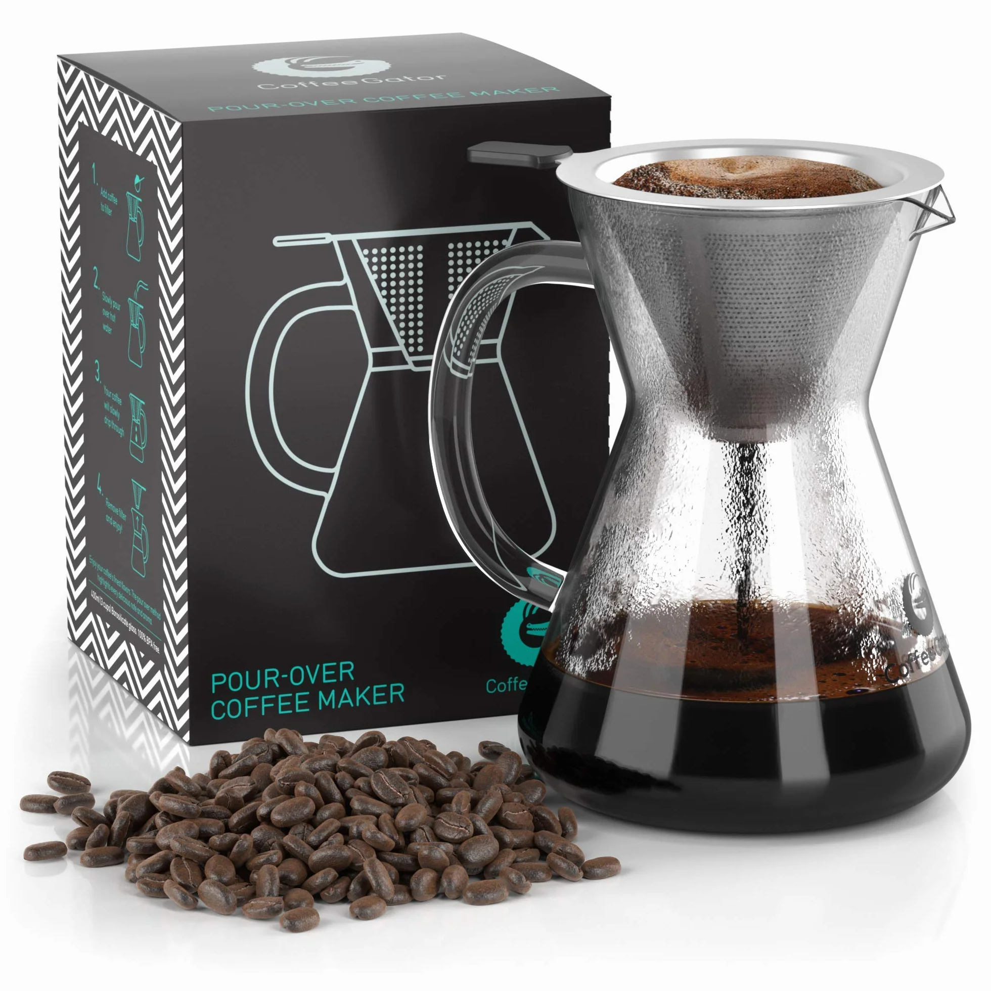 Coffee Gator Ekspres do kawy – szkło borokrzemowe o wysokiej temperaturze 400 ml z filtrem ze stali nierdzewnej wielokrotnego użytku, kapiący zaparzacz do kawy, karafka, 400 ml, przezroczysty