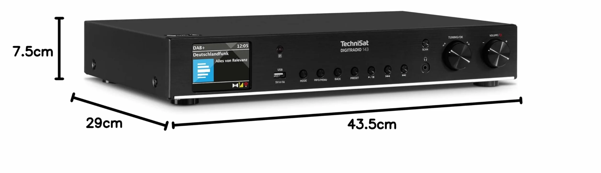 TechniSat DIGITRADIO 143 (V3) – Tuner HiFi Internetowe (Radio cyfrowe DAB+, Strumieniowanie audio przez Bluetooth, Spotify Connect, Antena kierunkowa, Pilot, Szerokość 43,5 cm) czarny