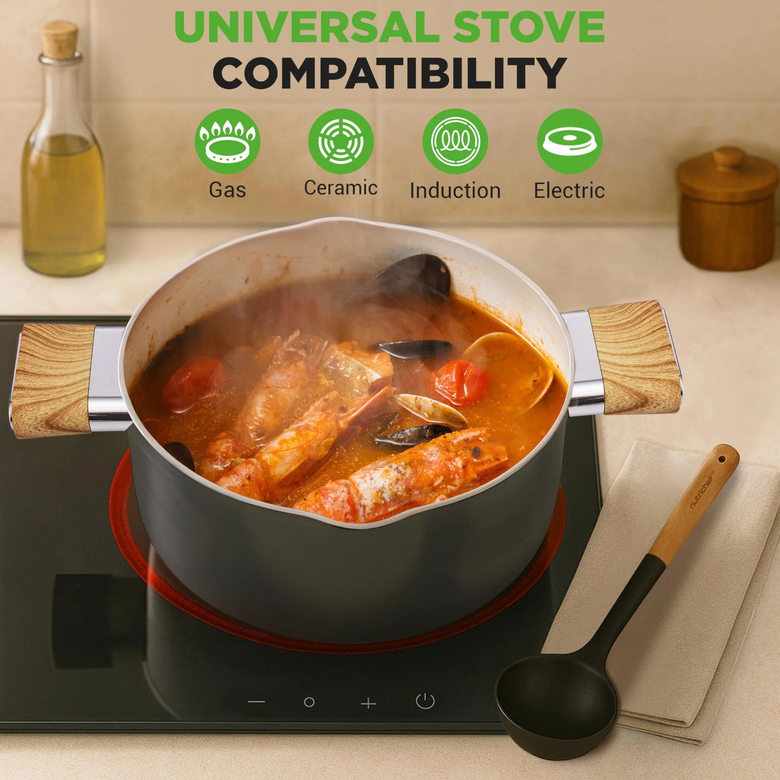 NutriChef Zestaw Naczyń Ceramicznych 14-częściowy - Kompatybilność z Indukcją, Patelnia z Pokrywką, Uchwyty Zimne w Dotyku, Czarne