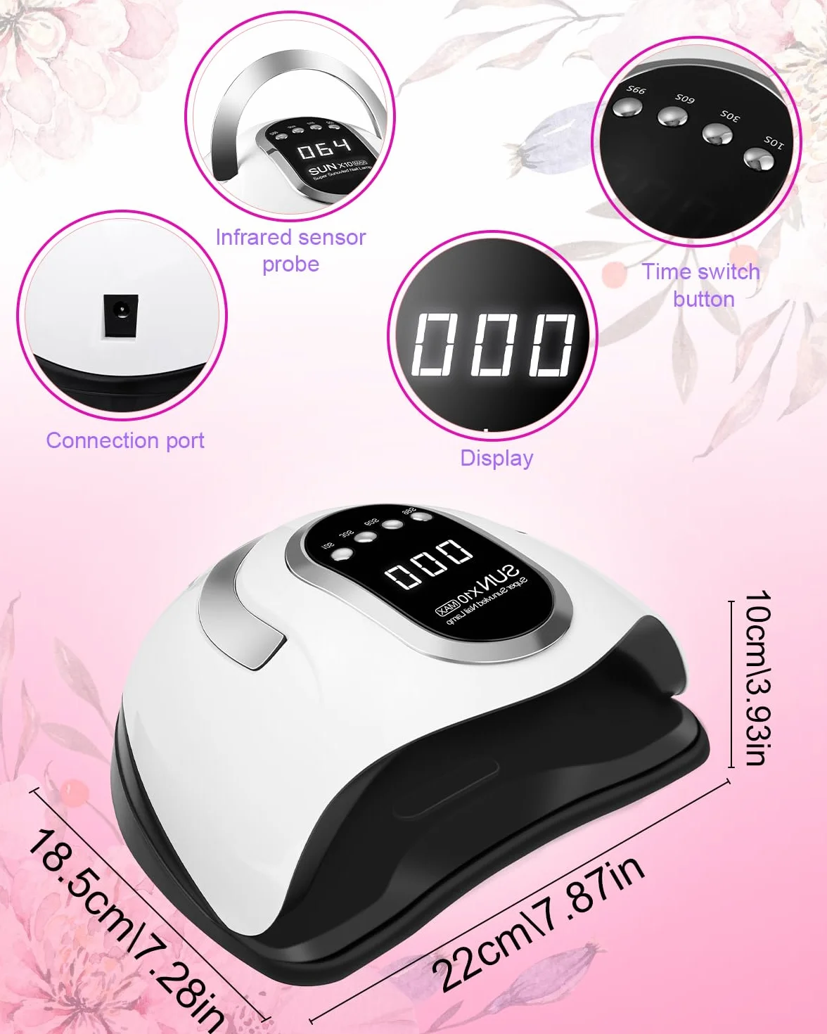 Suszarka do paznokci FAOKZE 220W, lampa UV do paznokci akrylowych, lampa 60 LED do paznokci, cyfrowy wyświetlacz z timerem 10/30/60/99s, odpowiednia do wszystkich żelowych lakierów do paznokci (White)