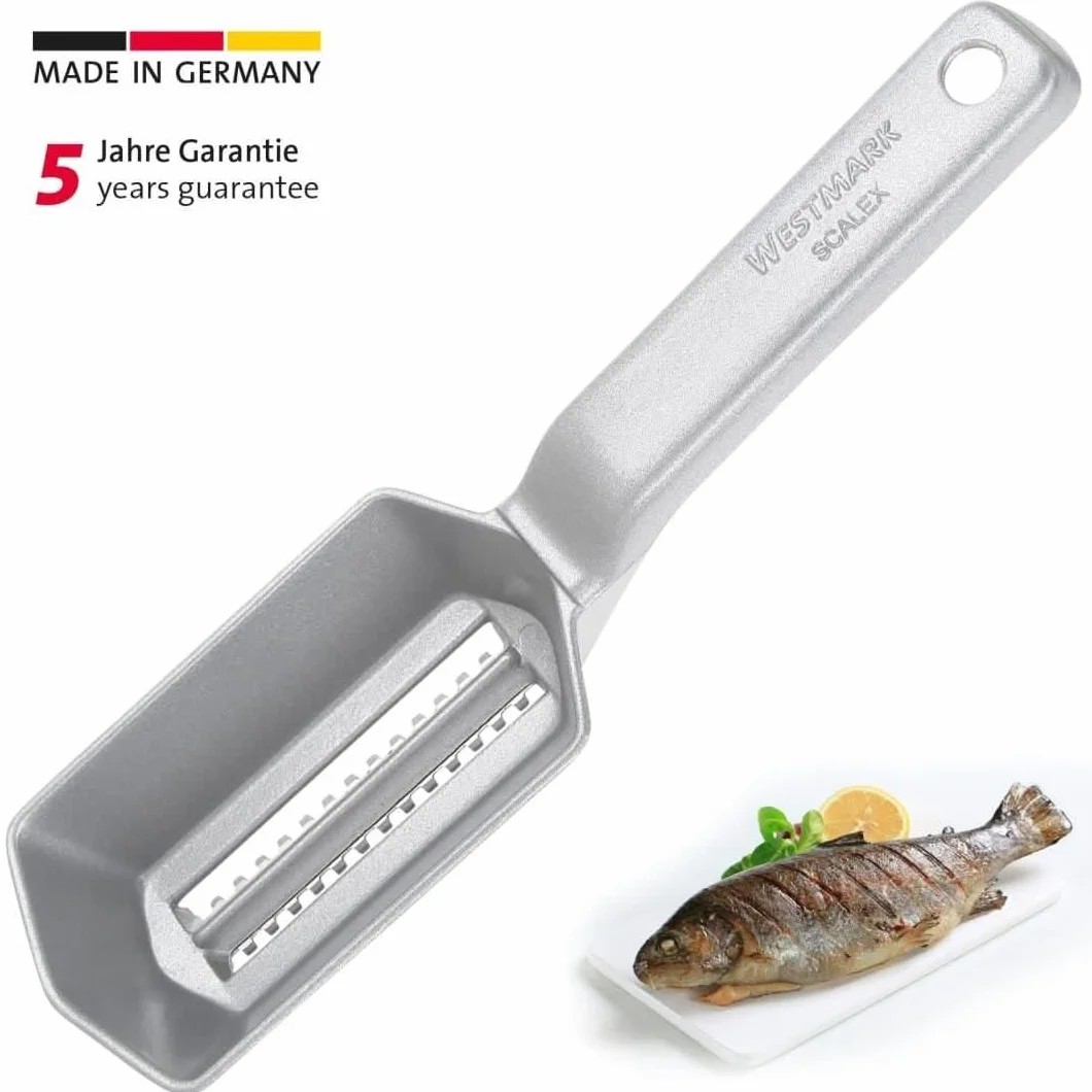 Westmark Skrobak do ryb ze zbiorniczkiem na resztki, aluminium, specjalna bezpieczna powłoka dla żywności, stal nierdzewna, 21 x 5,9 x 5,3 cm, Scalex, srebrny, 65002260