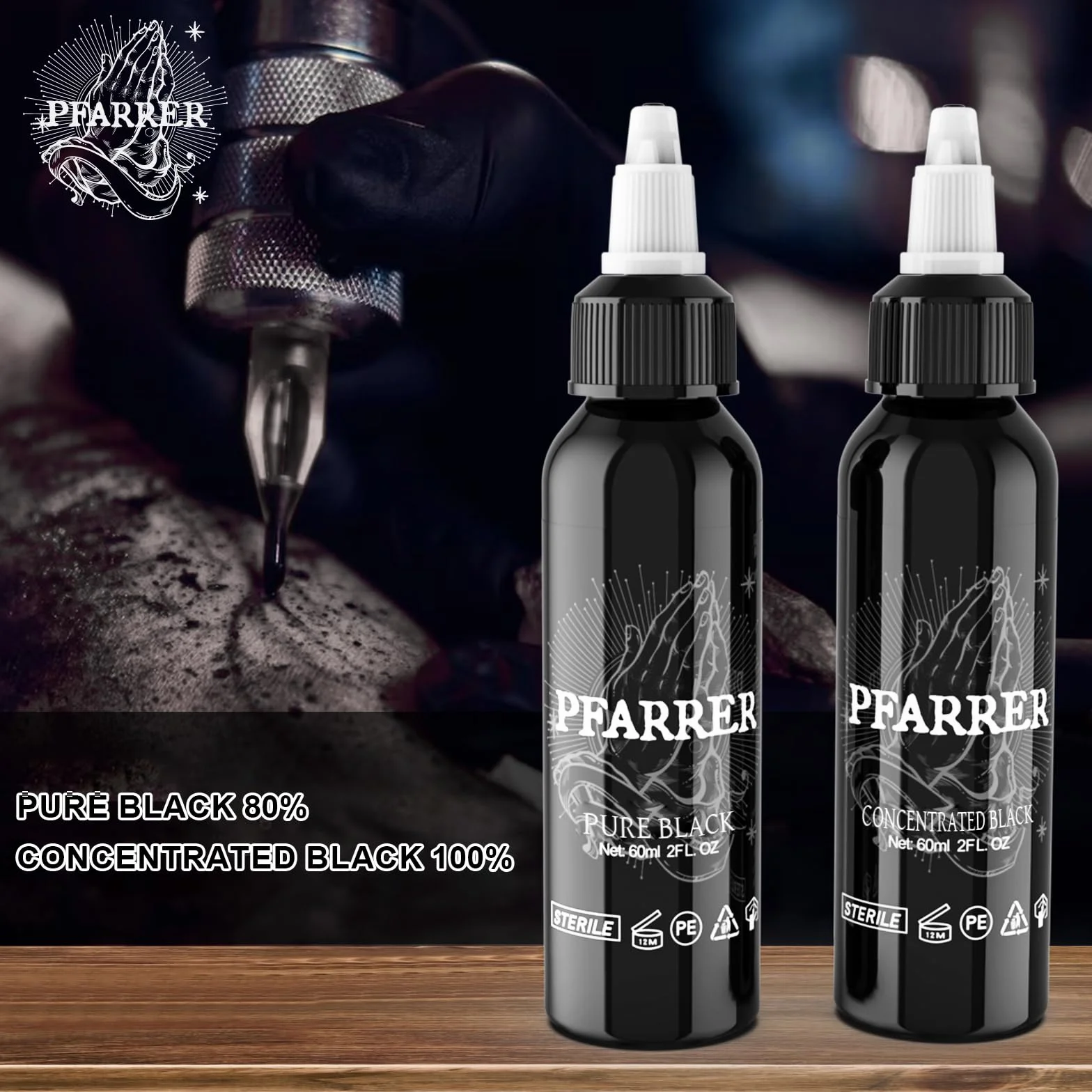 PFARRER Czarny tusz do tatuażu 60ml (2oz) Przyjazny dla wegan, standard USA, koncentrat tuszu do tatuażu TI7003-60-002
