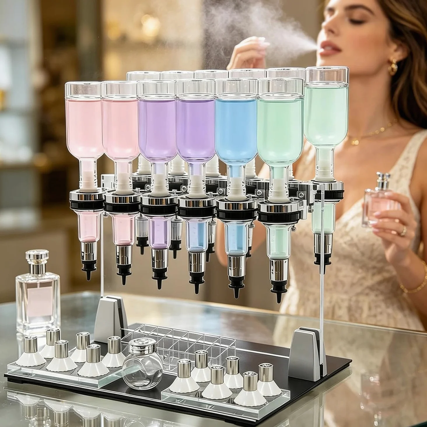 KEhtu Ręczna maszyna do napełniania perfum z butelkami o pojemności 200 ml – precyzyjna regulacja przepływu, stojak na testery perfum, kubek do testowania zapachów w zestawie – do sklepów, barów i