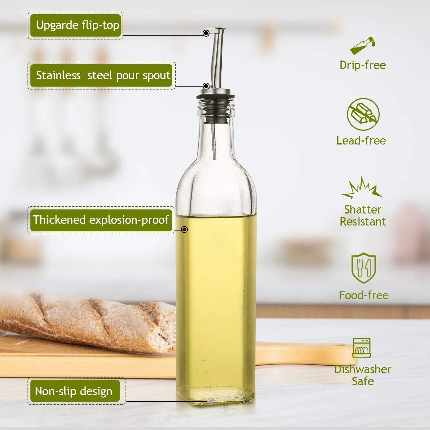 Aozita Szklany dozownik oliwy z oliwek 480 ml 500 ml butelka na olej i ocet z nalewaczami