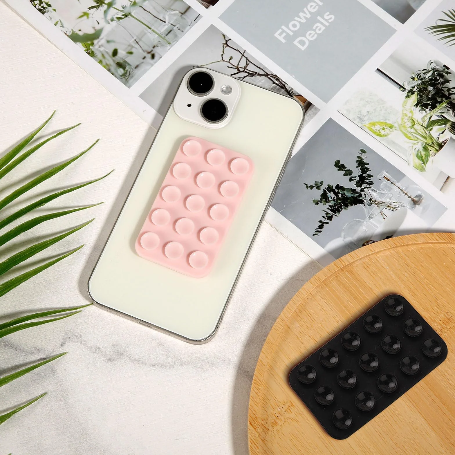 2szt Dwustronny Uchwyt na Telefon z Przyssawka, Silikonowy Uchwyt na Przyssawke z Tylu Telefonu Wielofunkcyjna Przylepka Etui Telefon z Przyssawka Pod Prysznic Lusterko (Czarny, Jasnorózowy)