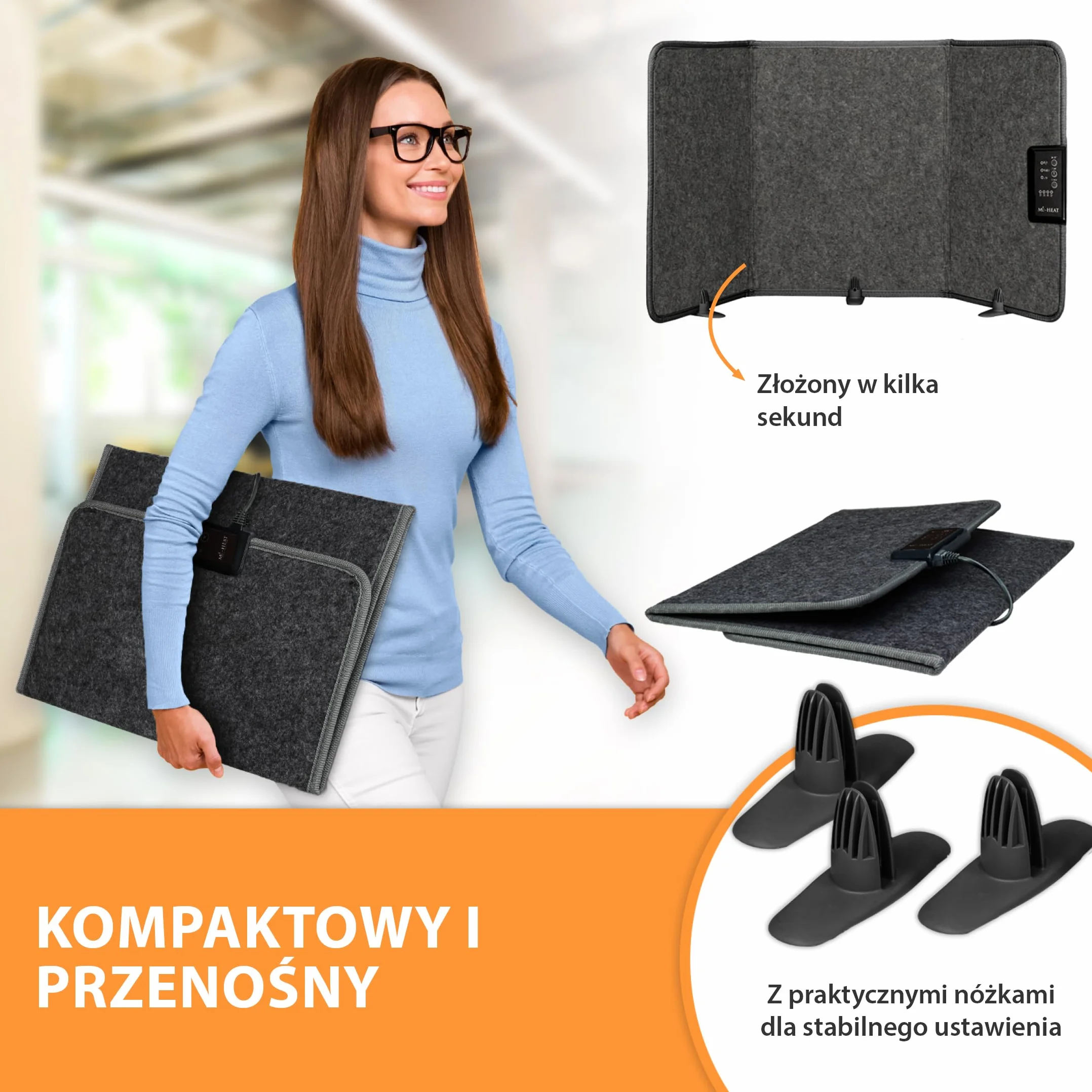Mi-Heat grzejnik biurkowy na podczerwień panel grzewczy 260W | grzejnik podłogowy do biura biurko stanowisko pracy pod stołem | temperatura do 60°C składany, szary