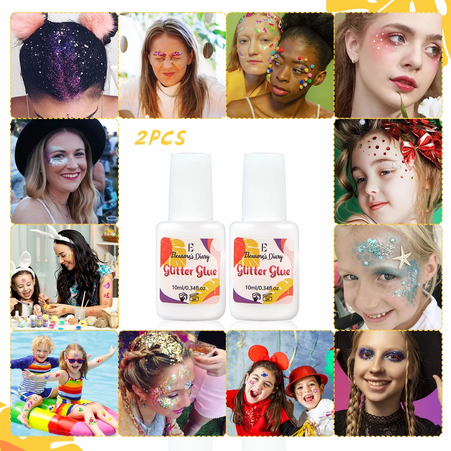 Klej do skóry z brokatem, Eleanore's Diary 10 ml*2 Glitter Glue, klej do brokatu, bezzapachowy i nietoksyczny, brokatowy klej do tatuażu na karnawał, makijaż, Halloween, Boże Narodzenie, cosplay