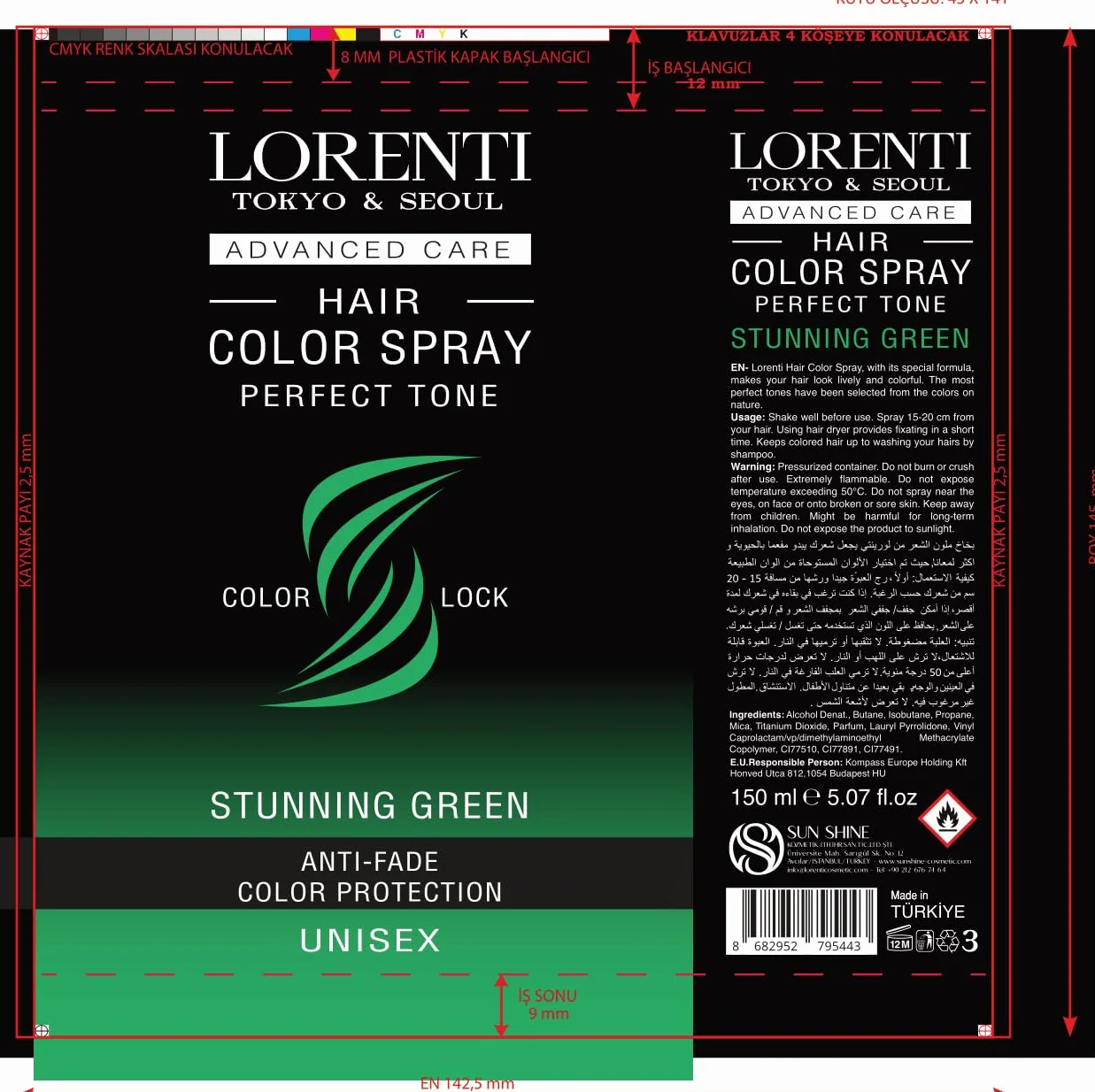 LORENTI TOKYO & SEOUL Color lakier do włosów Stunning Green – 150 ml – farba do włosów do przebierania się i makijażu na karnawał, Halloween i imprezę tematyczną – farba do włosów zmywalna – Color
