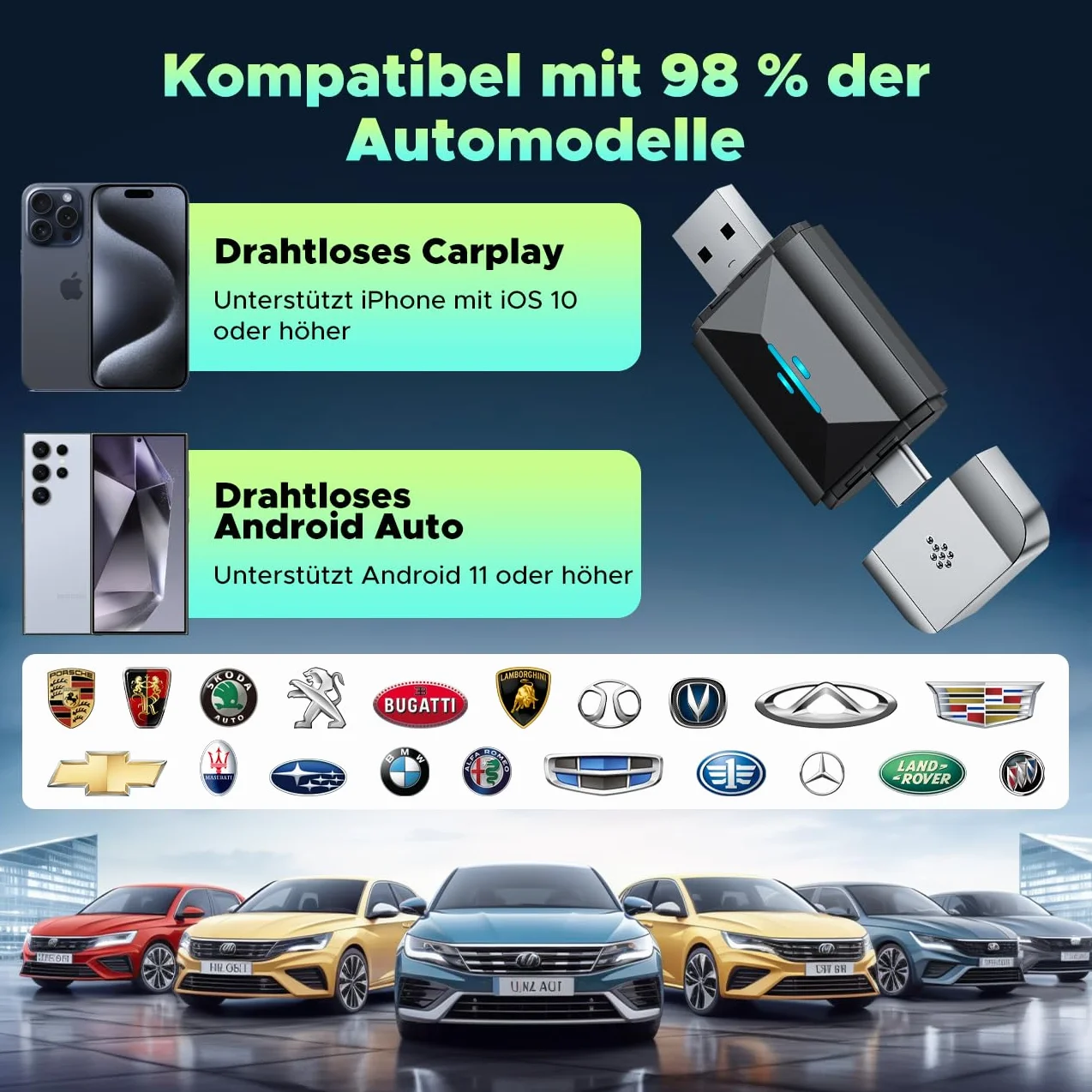 Lamto Carplay Adapter Android Auto 2 w 1 do CarPlay i Android Auto,Bezprzewodowy Klucz Sprzętowy CarPlay Konwertuje Połączenie Przewodowe na Bezprzewodowe, Plug&Play, Obsługuje iOS 10+ i Android 11+