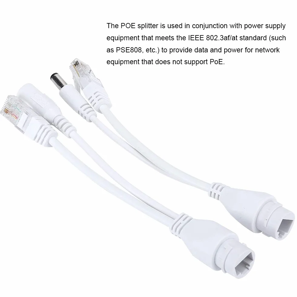 2 szt. PoE Injector and PoE Splitter Kit, DC12V POE Adapter Kabel Niestandardowy wodoodporny rozdzielacz wtryskiwaczy, 10/100 Mbps Cat5/5e/6 Standardowy kabel sieciowy (biały)