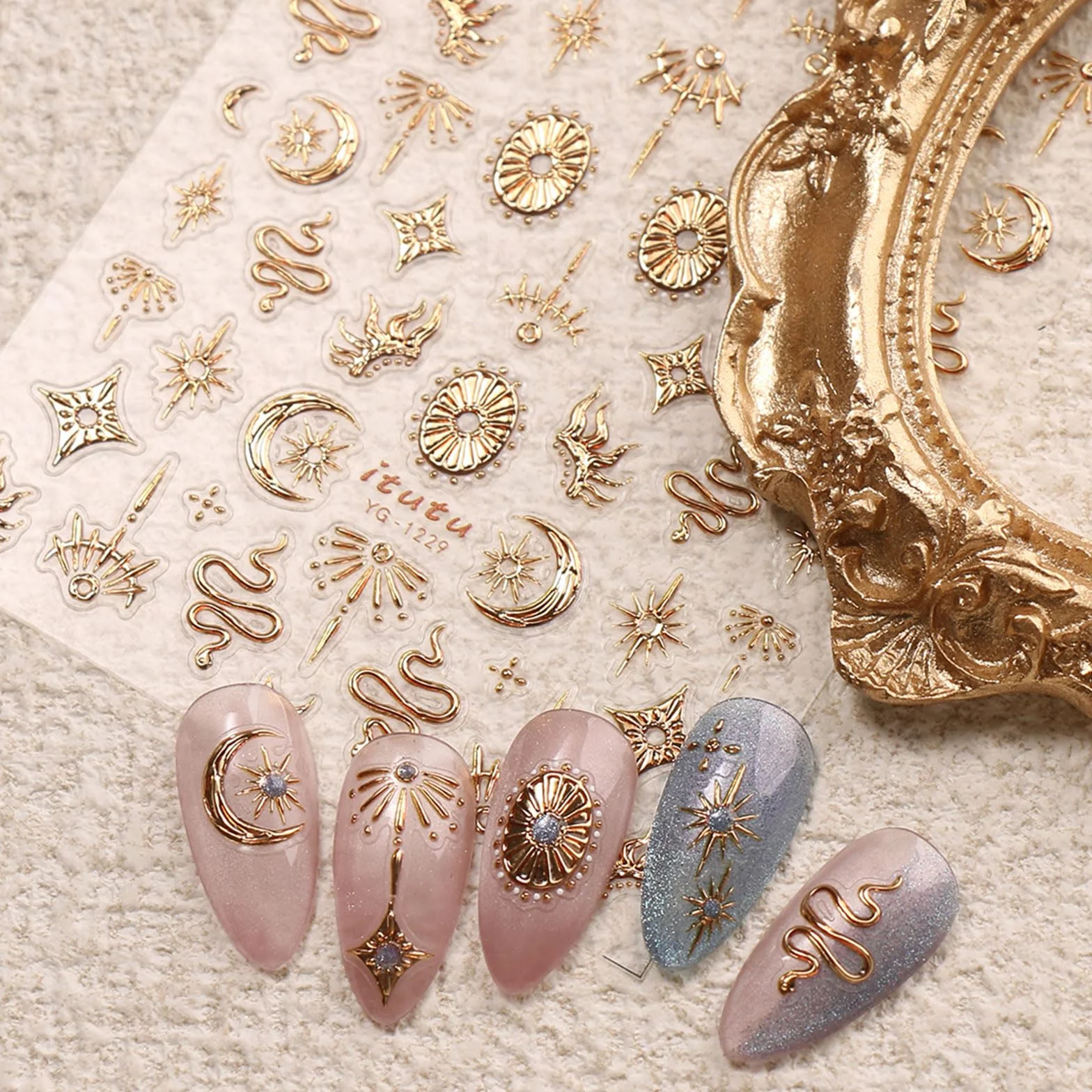 JMEOWIO Naklejki na paznokcie 3D złoty księżyc gwiazda wąż Nail Art Sticker samoprzylepna naklejka na paznokcie 5D stereoskopowa dekoracja akcesoria do stylizacji paznokci 1 arkusz