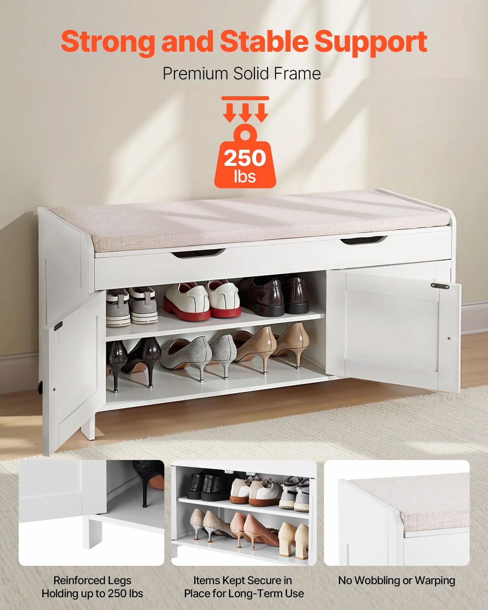 VEVOR Ławka na buty 105 x 35 x 50,3 cm, ławka wejściowa z 3 szafkami, półka z regulacją wysokości, organizer na podnoszoną tacę, poduszka do siedzenia, 113,4 kg, do sypialni, korytarza, biała i szara