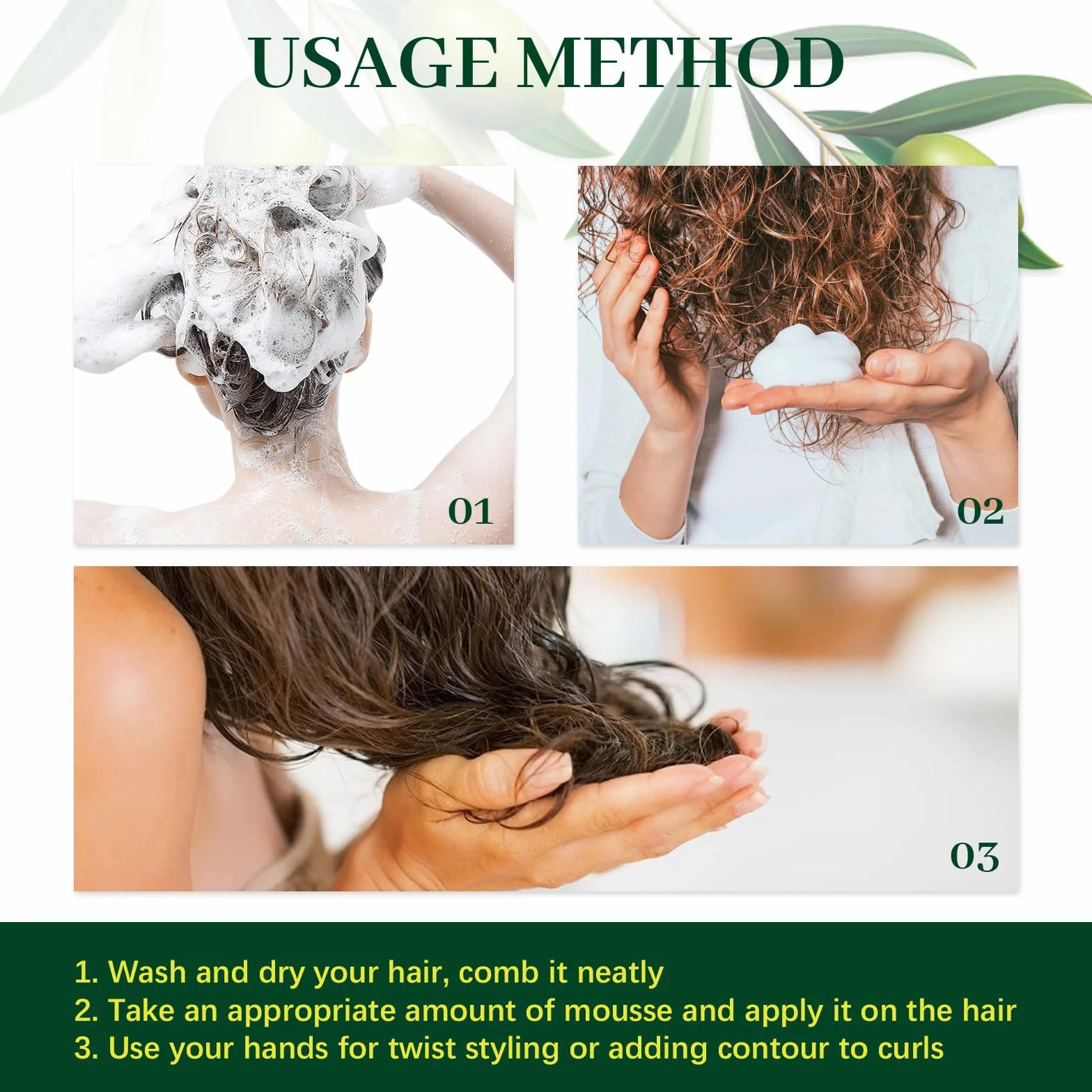 Olive Oil Volume Styling Mousse, Curl Defining Cream, mus do stylizacji włosów, nawilżająca stylizacja włosów z oliwą z oliwek, lekka pianka do włosów z elastycznym trzymaniem, nadaje się do