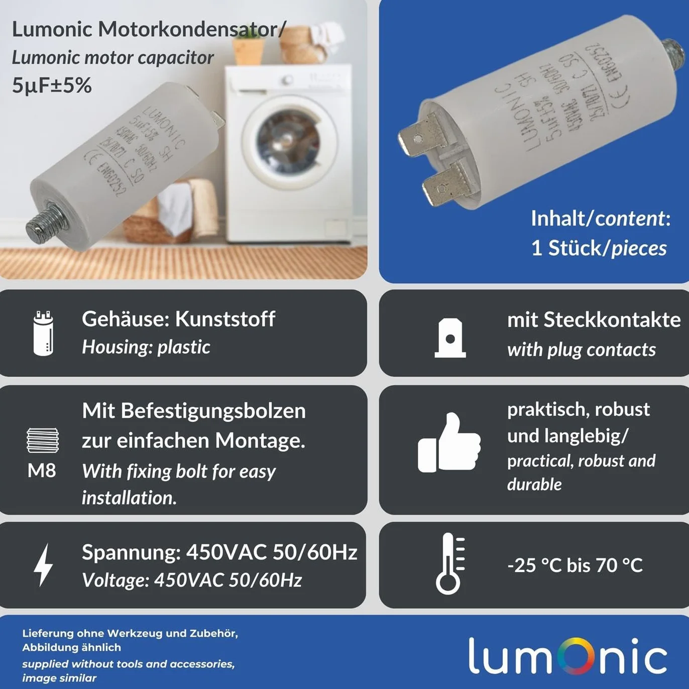 Lumonic Kondensator rozruchowy 5µF 450V | z WtyczkaX I 26x55mm I 5uF I Kondensator silnikowy z plastikowa obudowa I Kondensator operacyjny I do pomp, kosiarek, narzedzi