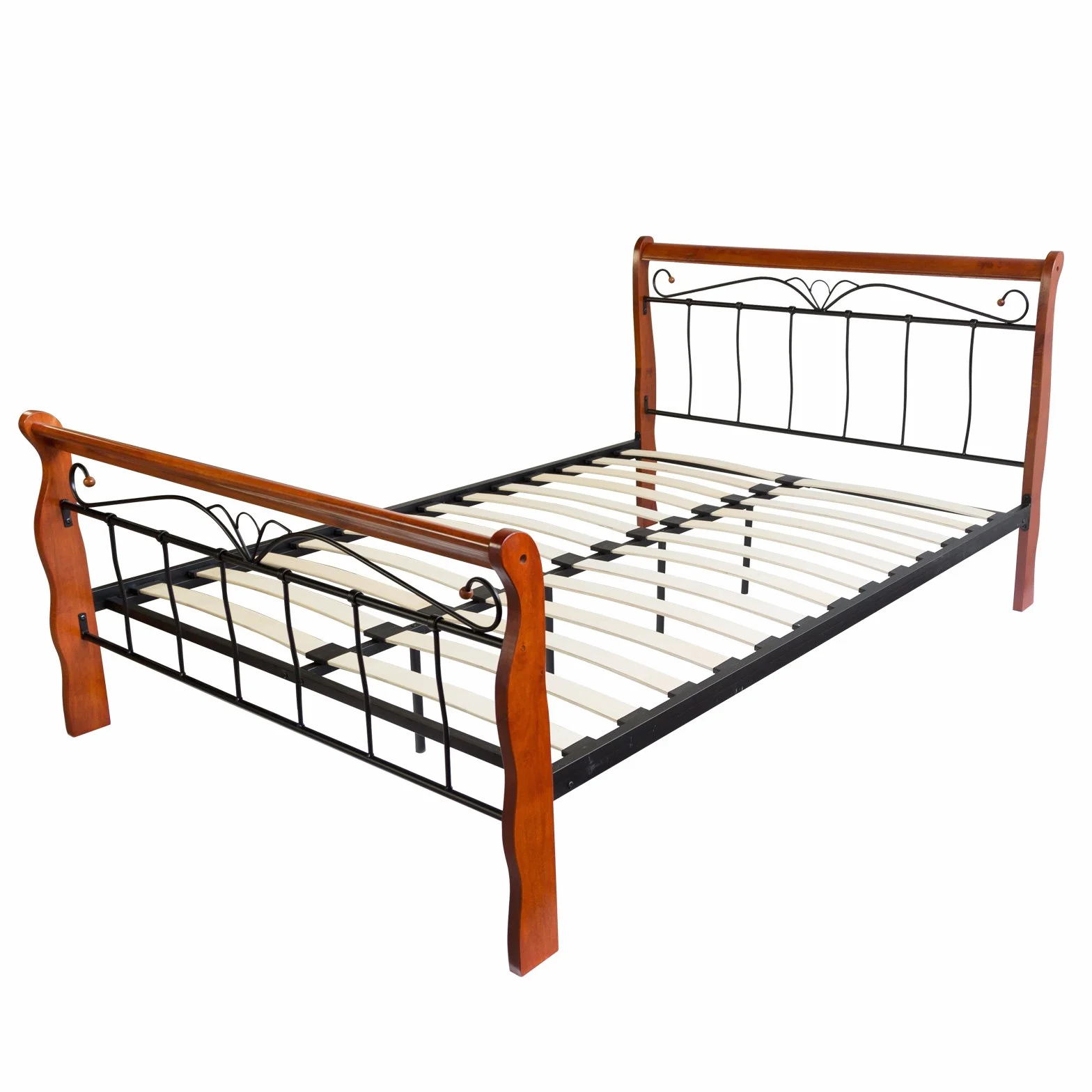 Homestyle4u metalowe łóżko 140 x 200 cm ze stelażem listewkowym, rama metalowa, słupki drewniane brązowe
