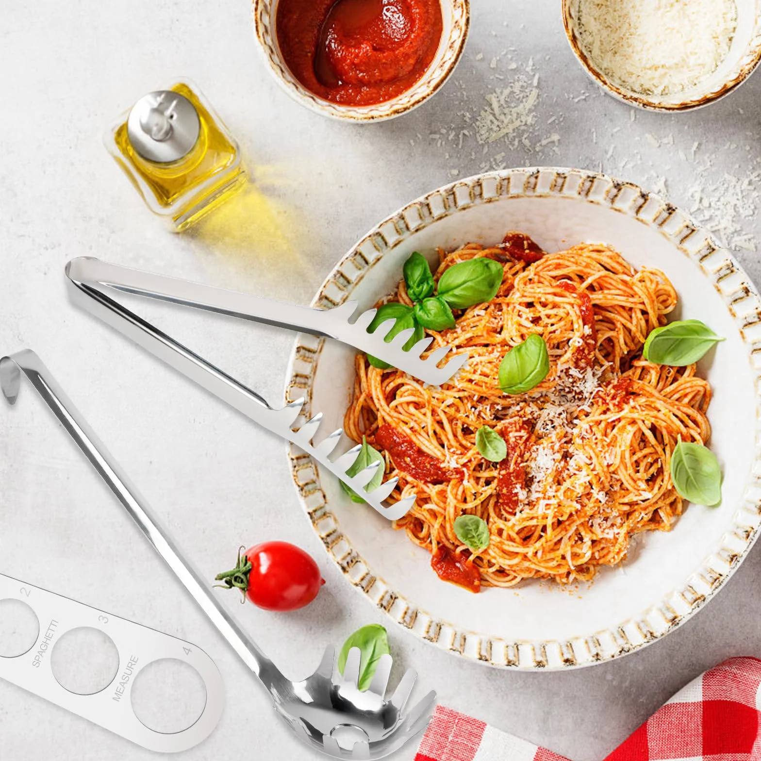 Zestaw 3 łyżek do spaghetti zawiera szczypce do makaronu, chochlę do makaronu i porcjowanie spaghetti, szczypce do spaghetti z zębami, szczypce ze stali nierdzewnej, odpowiednie do pieczenia i