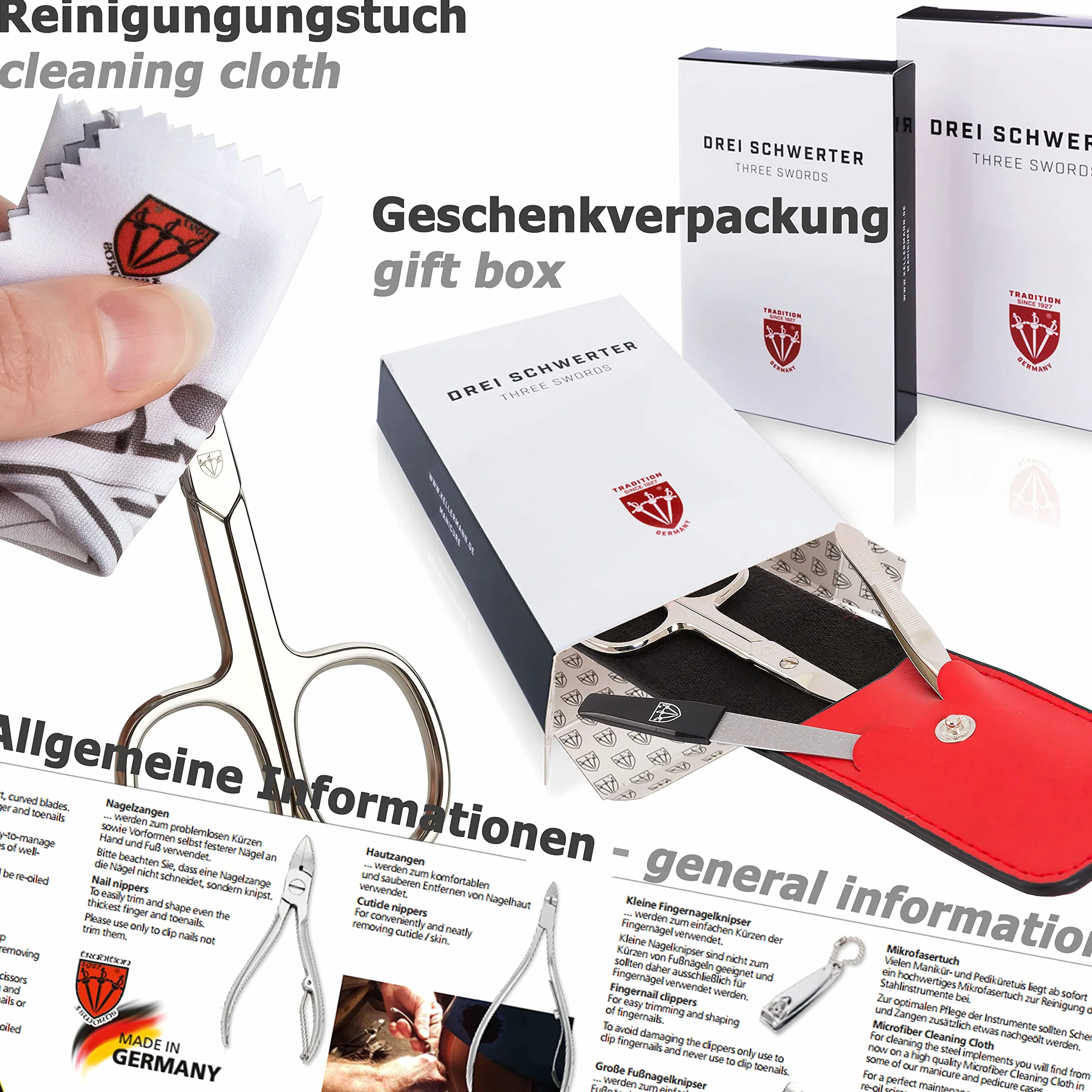 DREI SCHWERTER - 6-częściowy zestaw do manicure "Lucca" | zestaw do paznokci w etui z PRAWDZIWEJ SKÓRY | zawartość: nożyczki do skórki, 2 pęsety, podwójny instrument, obcinacz do paznokci, szafirowy