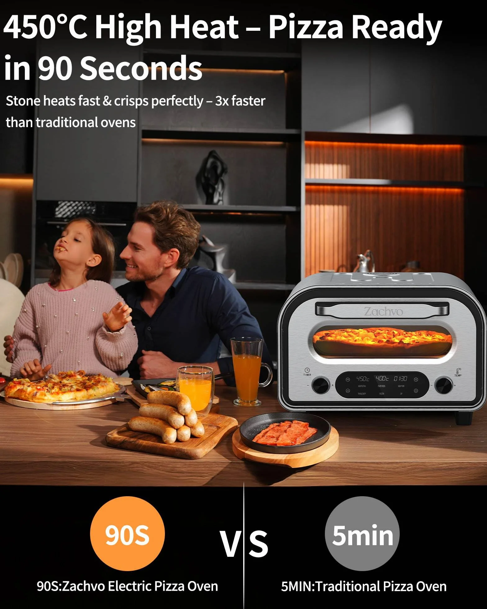 Elektryczny piekarnik do pizzy 450°C 32 cm stal nierdzewna timer 1-60 min