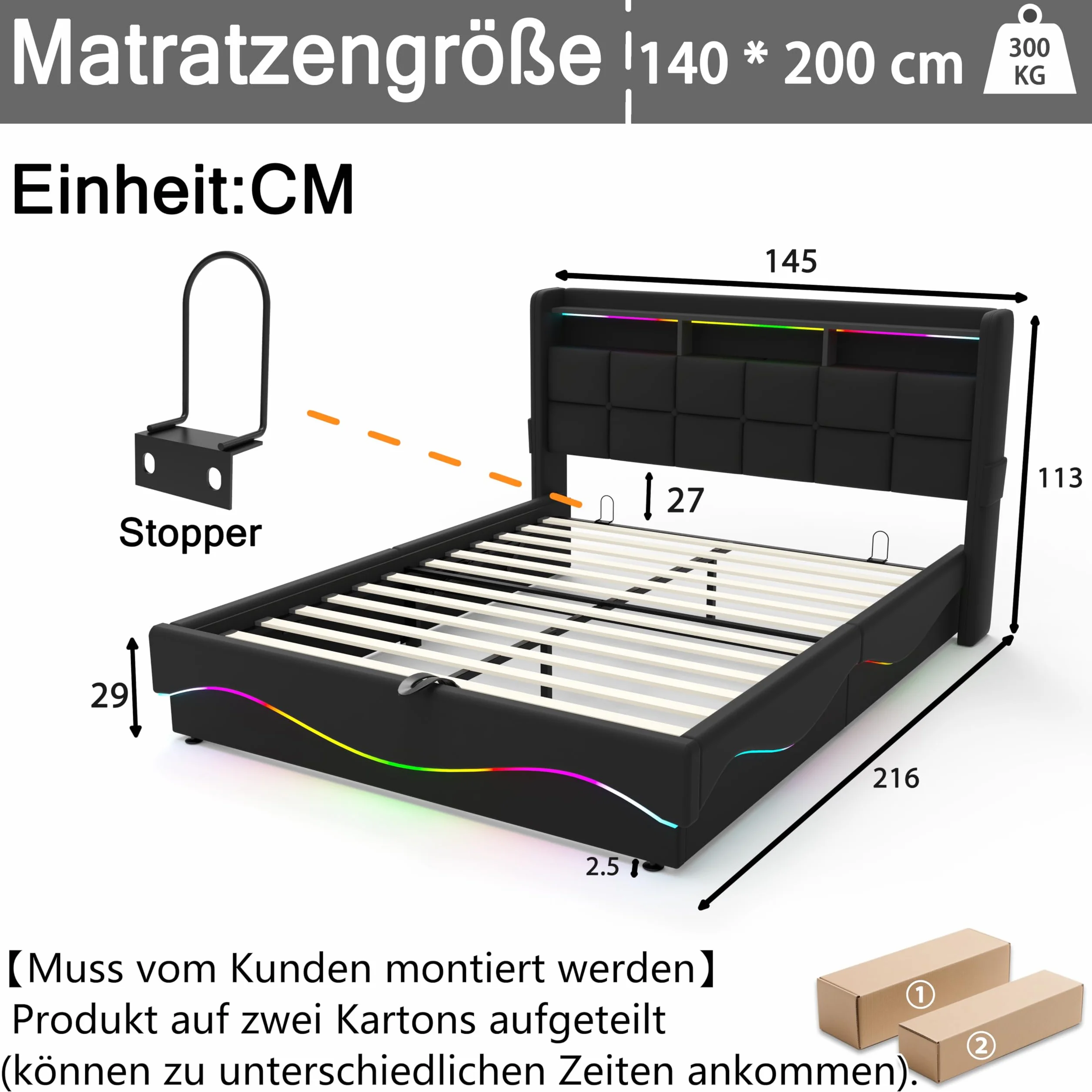 Łóżko z Pojemnością 140x200 cm LED USB/Type-C Stacja Ładowania Skóra Czarny