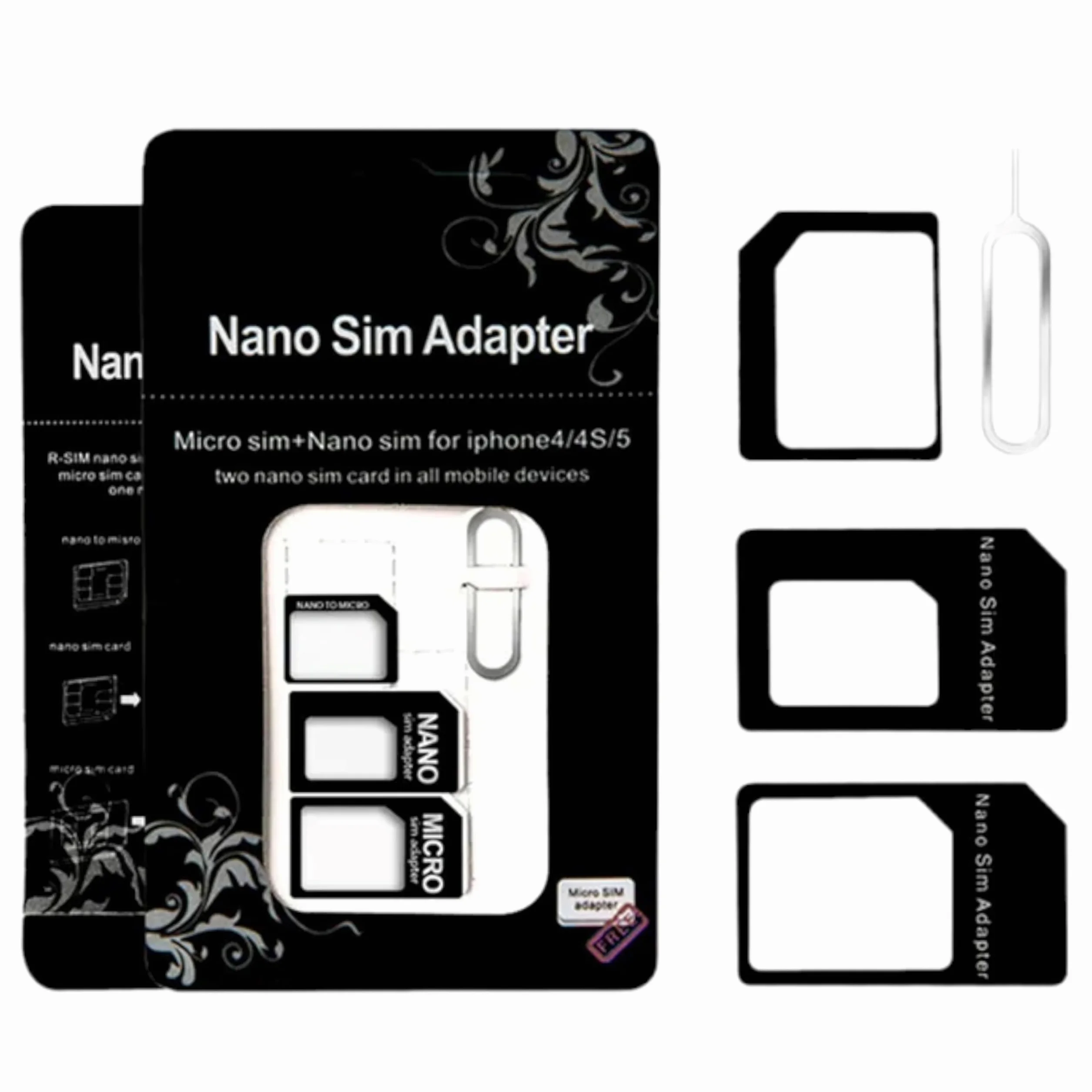 3 Kit Adapter do kart SIM 4 w 1, czarny | Nano SIM do Micro SIM, Nano SIM do SIM, Micro SIM do SIM, klips do wyjmowania | Zestaw do smartfonów Sim Adapter