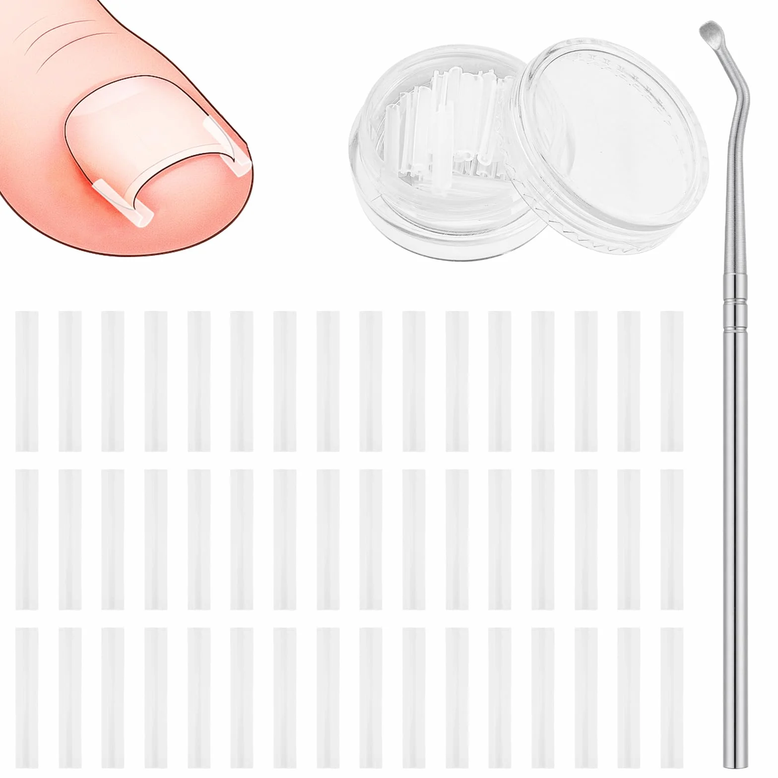 Zestaw do korekcji wrastających paznokci u stóp, zestaw do wrastających paznokci u stóp z 50 sztuk korekcyjnych rurek, podnośnik do paznokci u stóp do wrastających paznokci