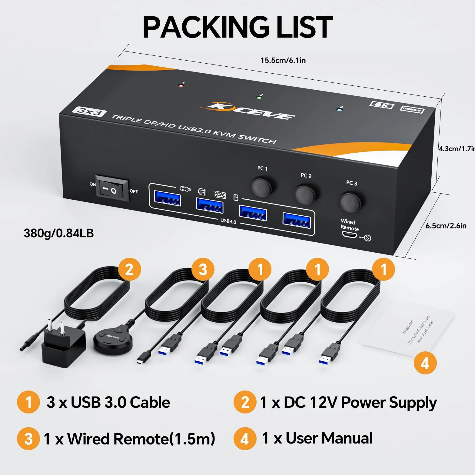 KVM Switch 3 PC 3 monitory 8K 60 Hz / 4K 144 Hz, Displayport 1.4 HDMI 2.1 USB 3.0 KVM przełącznik Triple Monitor do 3 PC części myszy, klawiatury, przewodowy pilot (8K HDMI DP 3 w 3 out