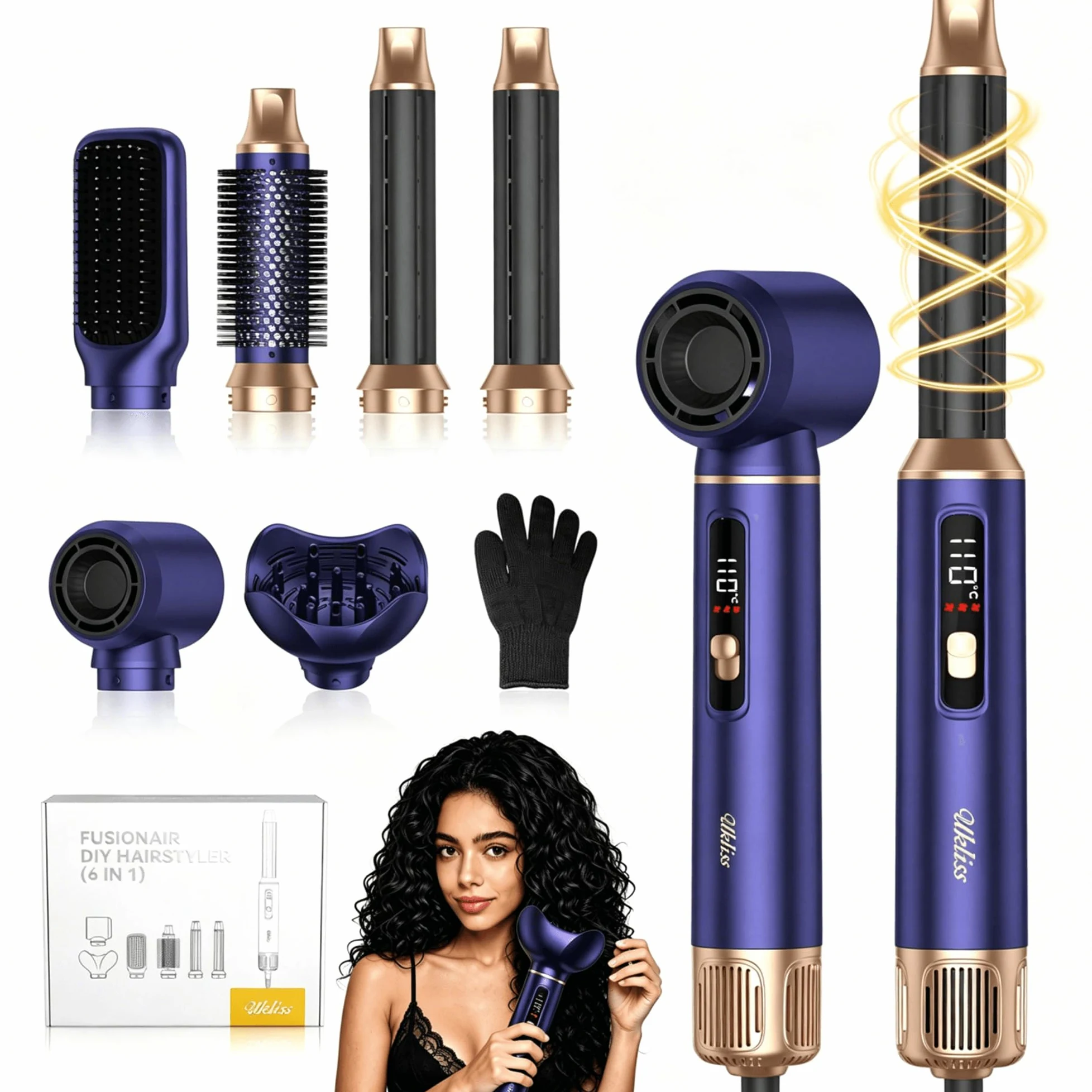 UKLISS Hairstyler 6 w 1 Air Styler Set [z dyfuzorem], Pro Hair Styler Set LCD 1000 W, suszarka do włosów z dyfuzorem, lokówka z okrągłą szczotką, szczotka do włosów, szczotka do włosów, szczotka do