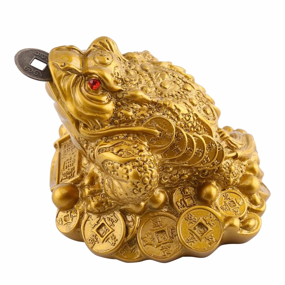 Złota chińska żaba Feng Shui statuetka z monetą mosiądz 65 × 60 × 50 mm