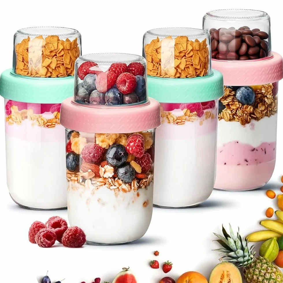ComSaf Kubek na Musli na Wynos 4 szt., 480 ml ze Szklanego Pojemnika z Górną Przegródką 120 ml, Dwuwarstwowy Kubek na Jogurt do Pracy i Szkoły, dla Dorosłych i Dzieci, Idealny na Szybkie Śniadanie