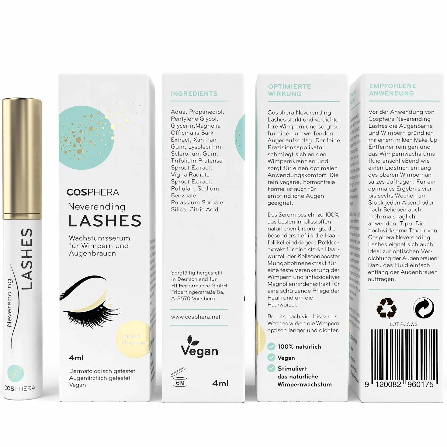Cosphera Neverending Lashes - Serum do rzęs i brwi - wegański i wolny od hormonów - 4 ml serum do wzrostu rzęs dla długich rzęs i gęstych brwi - testowany dermatologicznie i okulistycznie
