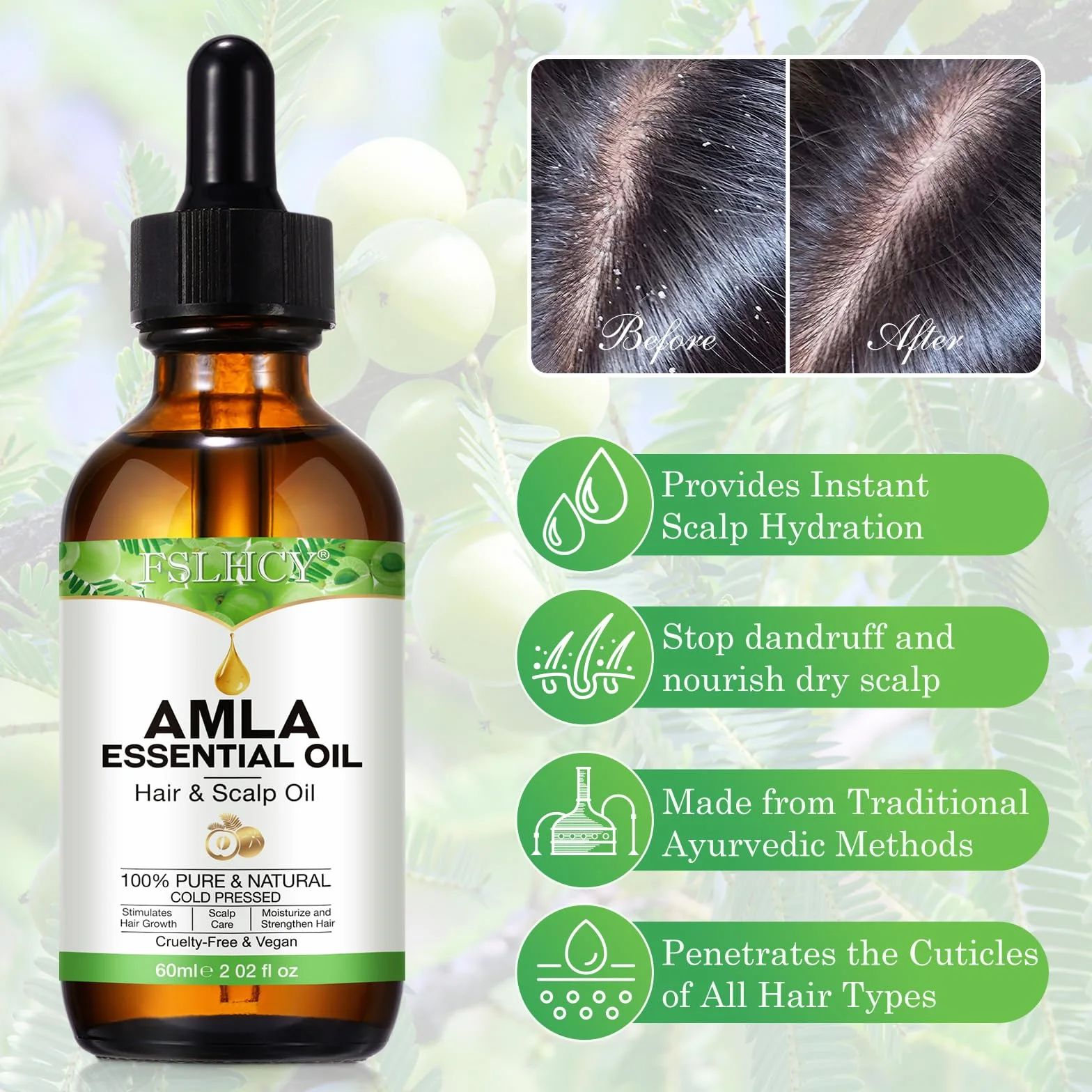 Olejek Amla 60 ml, olejek do włosów dla zdrowego wzrostu włosów, naturalny i wegański, wspomaga grubsze, pełniejsze, lśniące włosy dla mężczyzn i kobiet