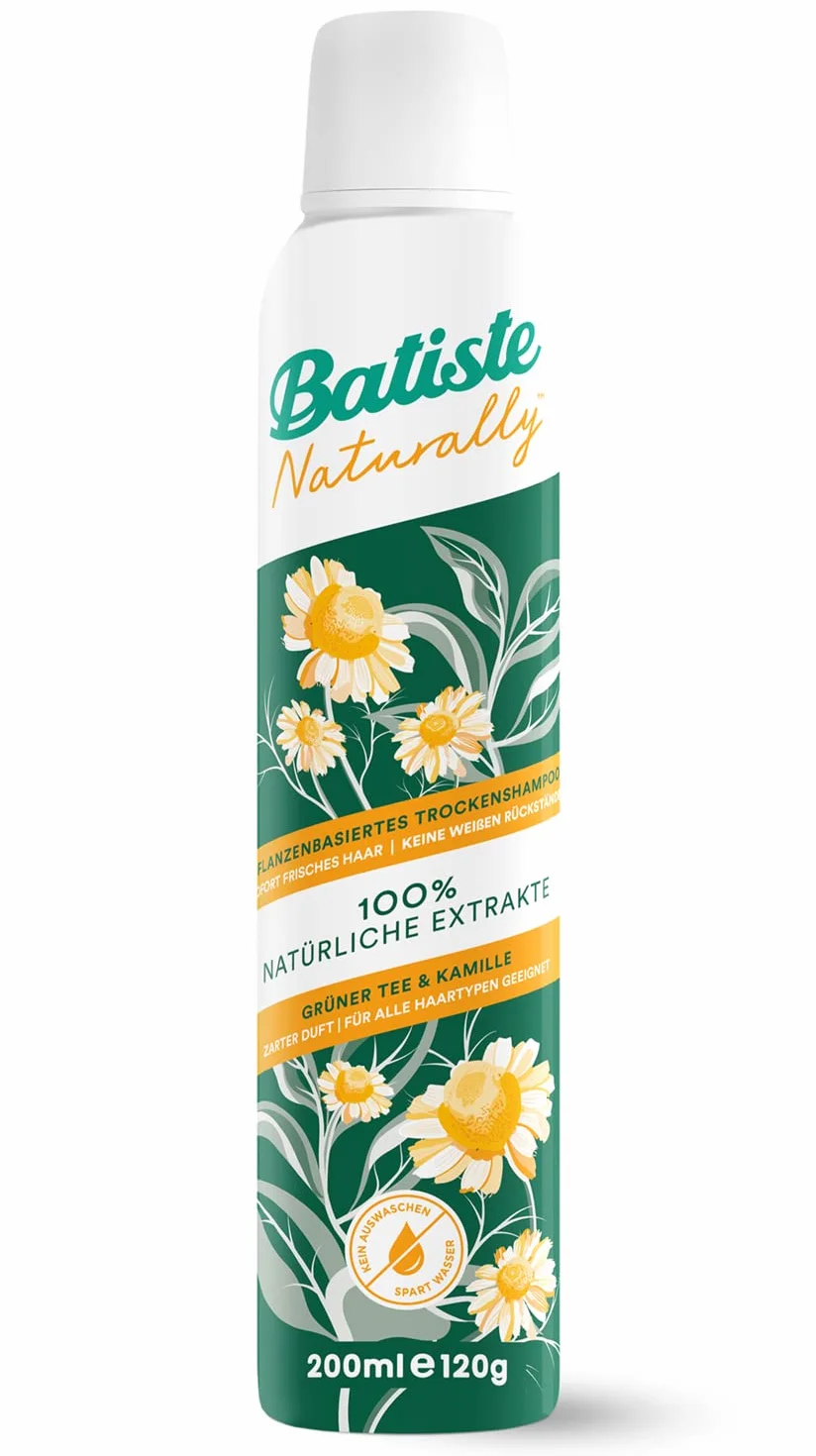 Batiste Suchy szampon Naturally Green Tee & Rumianek 200 ml, suchy szampon do odświeżania i stylizacji włosów, bez spłukiwania, wegańska stylizacja włosów, w 100% z naturalnych ekstraktów
