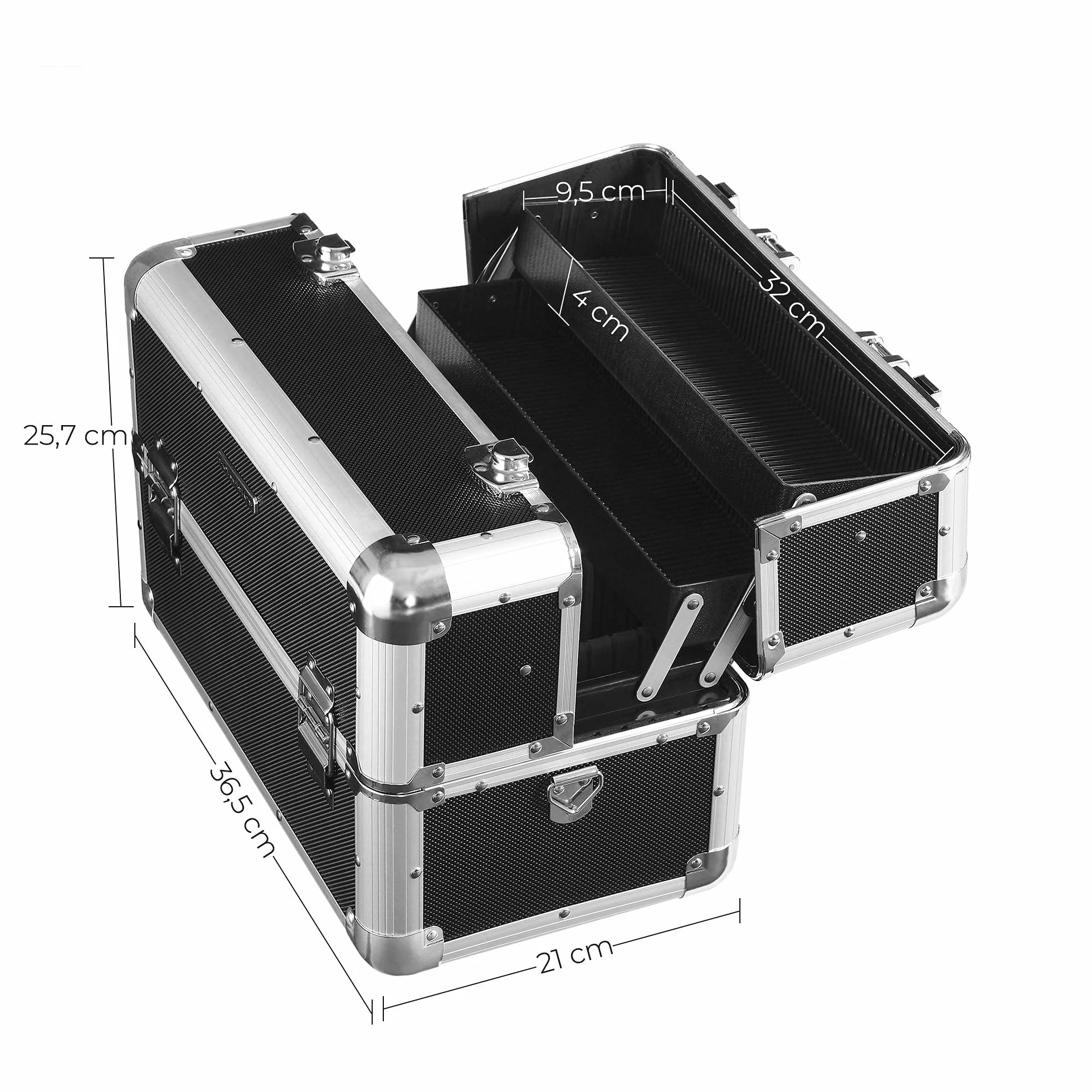 SONGMICS Walizka na kosmetyki XXL, duża, na bagaż, aluminiowa, walizka piętrowa z paskiem do noszenia, 36,5 x 21 x 25,7 cm, czarna JBC228