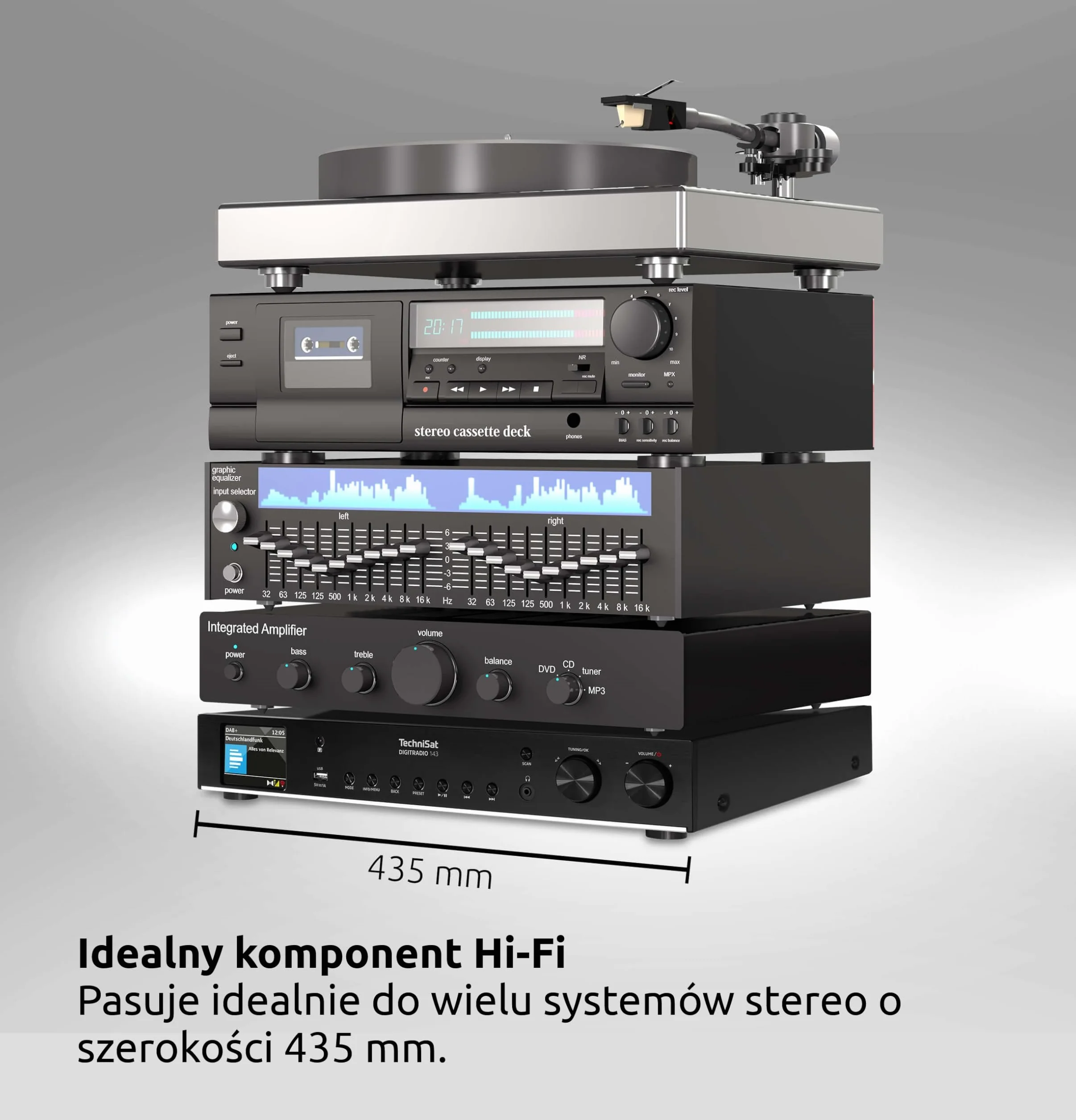 TechniSat DIGITRADIO 143 (V3) – Tuner HiFi Internetowe (Radio cyfrowe DAB+, Strumieniowanie audio przez Bluetooth, Spotify Connect, Antena kierunkowa, Pilot, Szerokość 43,5 cm) czarny