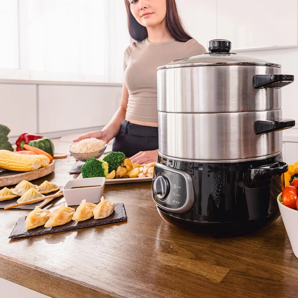 Cecotec Vapovita Steelpot Elektryczna parownica, moc 1300 W, pojemniki ze stali nierdzewnej, pojemność 10 l, regulowany czas, automatyczne wyłączanie, łatwe czyszczenie, specjalna pokrywa, zdrowa