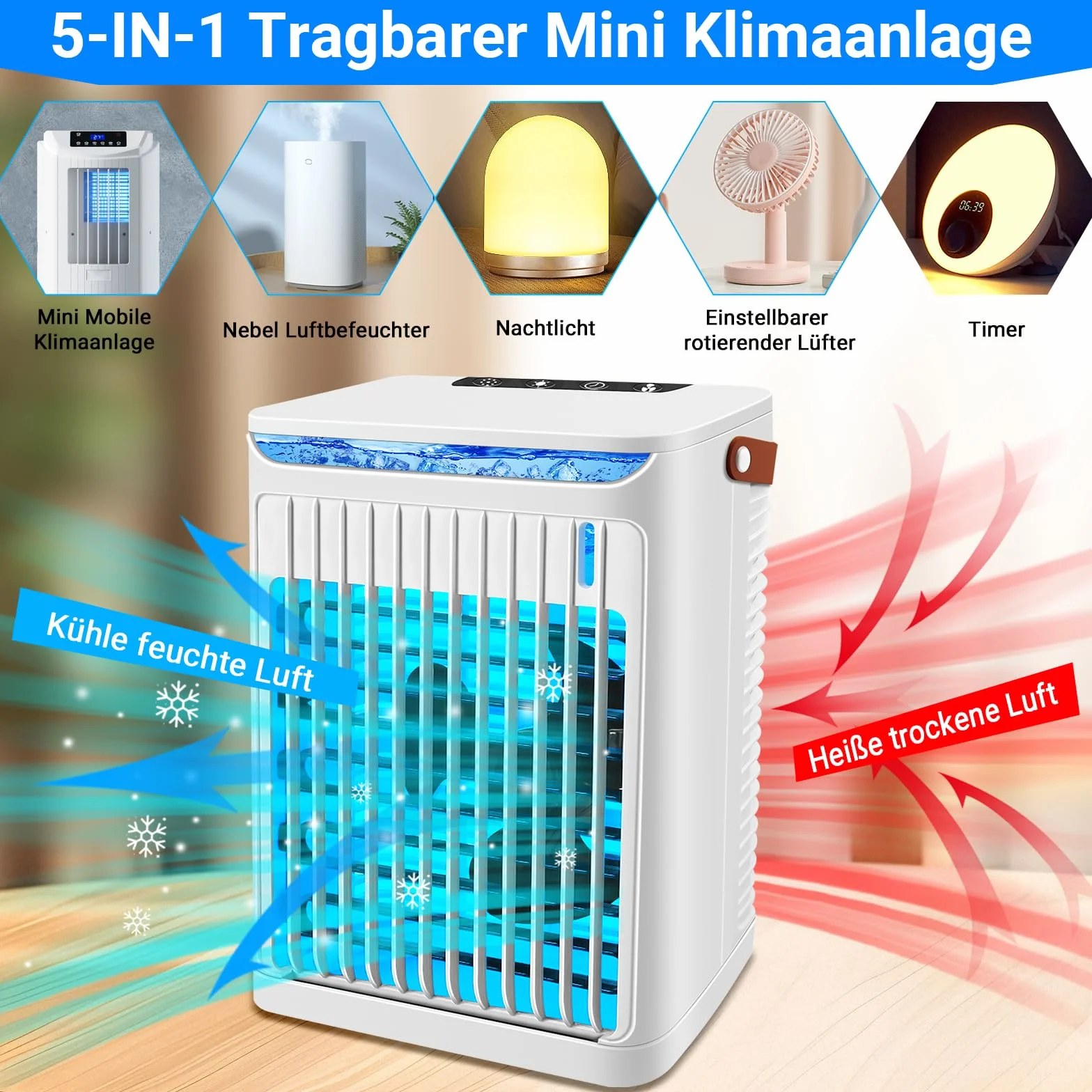 Przenośny mini klimatyzator 5 w 1 z 5 prędkościami nawiewu, 2 mgiełkami, timerem 2/4/6 H i LED, biały