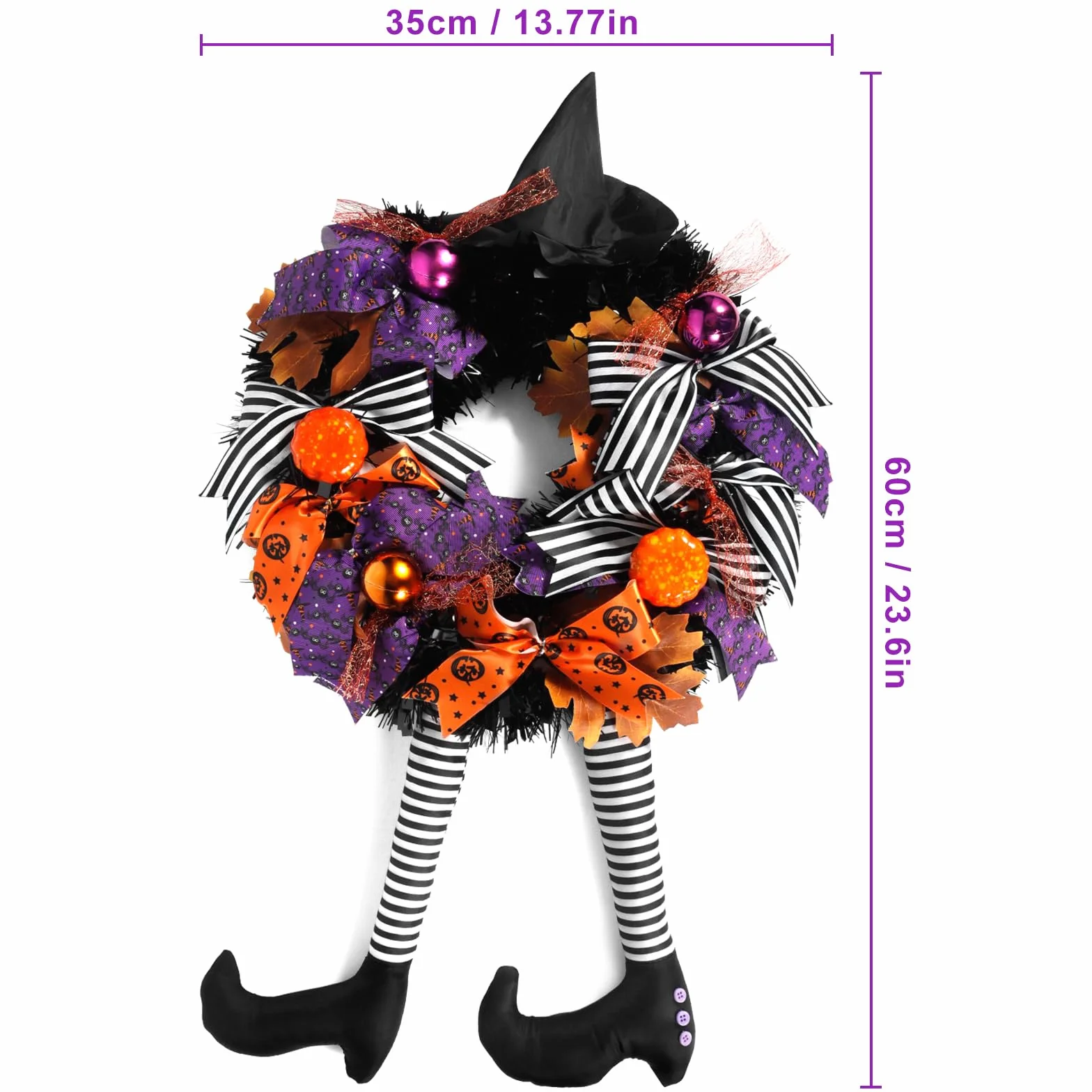 Halloweenowy Wieniec na Drzwi z Nogą Czarownicy, Strasznym Kapeluszem Wiedźmy i Dynią - Dekoracja na Halloween, Podwórko, Werandę, Okna