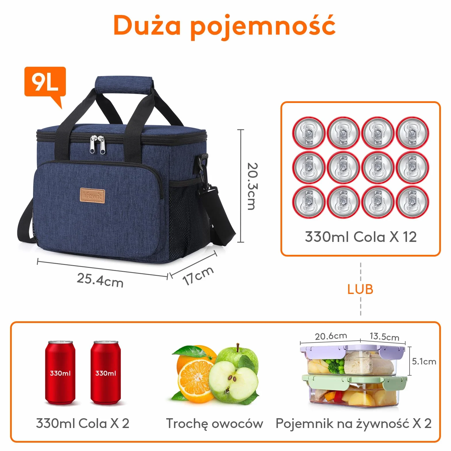 Lifewit Torba Termiczna Lunch Bag 9L Granatowy Dwuwarstwowa Cooler Praca Podróż Piknik