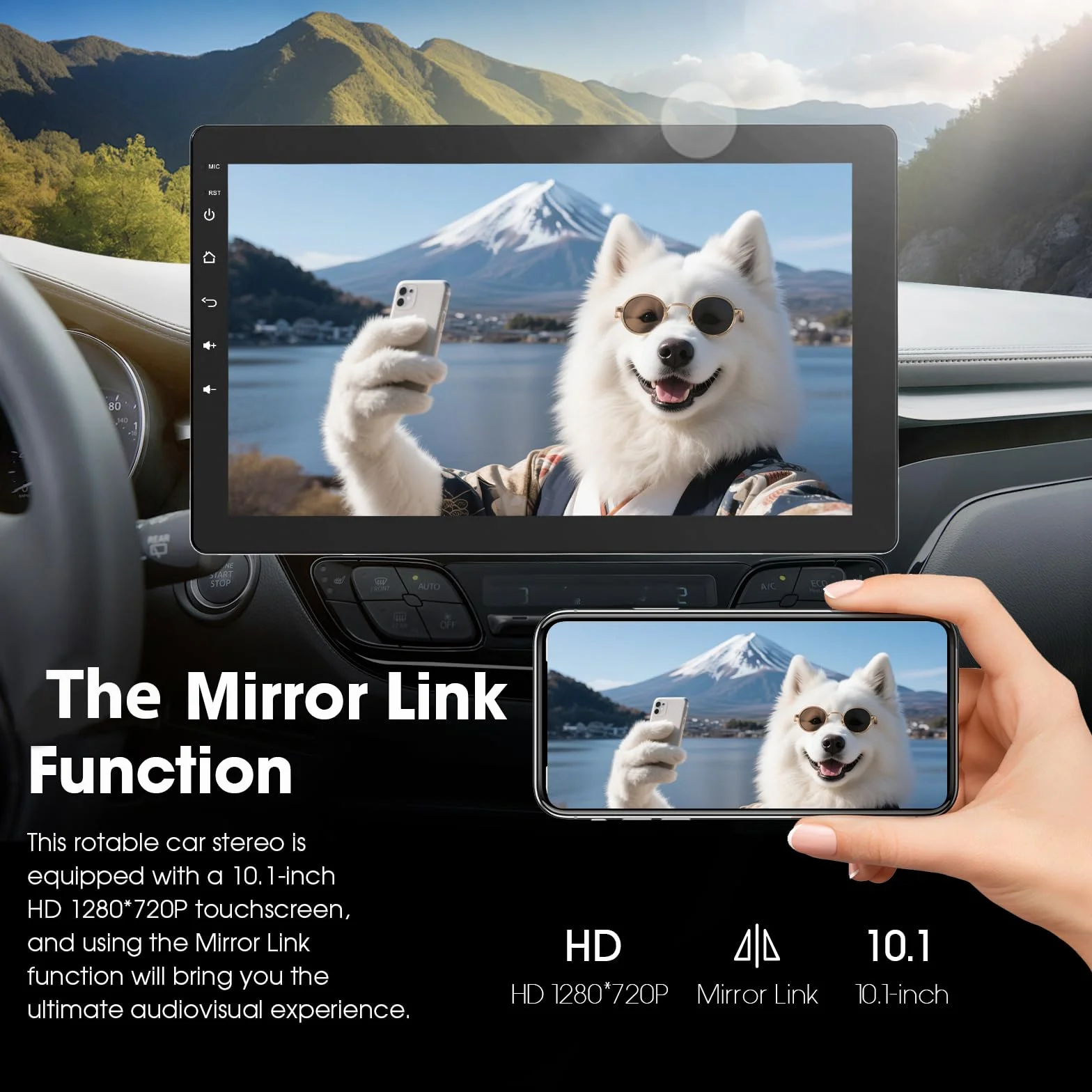 Haudio Obrotowe Radio Samochodowe 360°, Stereo 1 DIN z Funkcją Carplay i Android Auto, 10,1 Calowy Ekran IPS do Odtwarzania z GPS, Mirror Link, Sterowanie Głosowe, Radio RDS/FM/AM, Tylna Kamera 720P