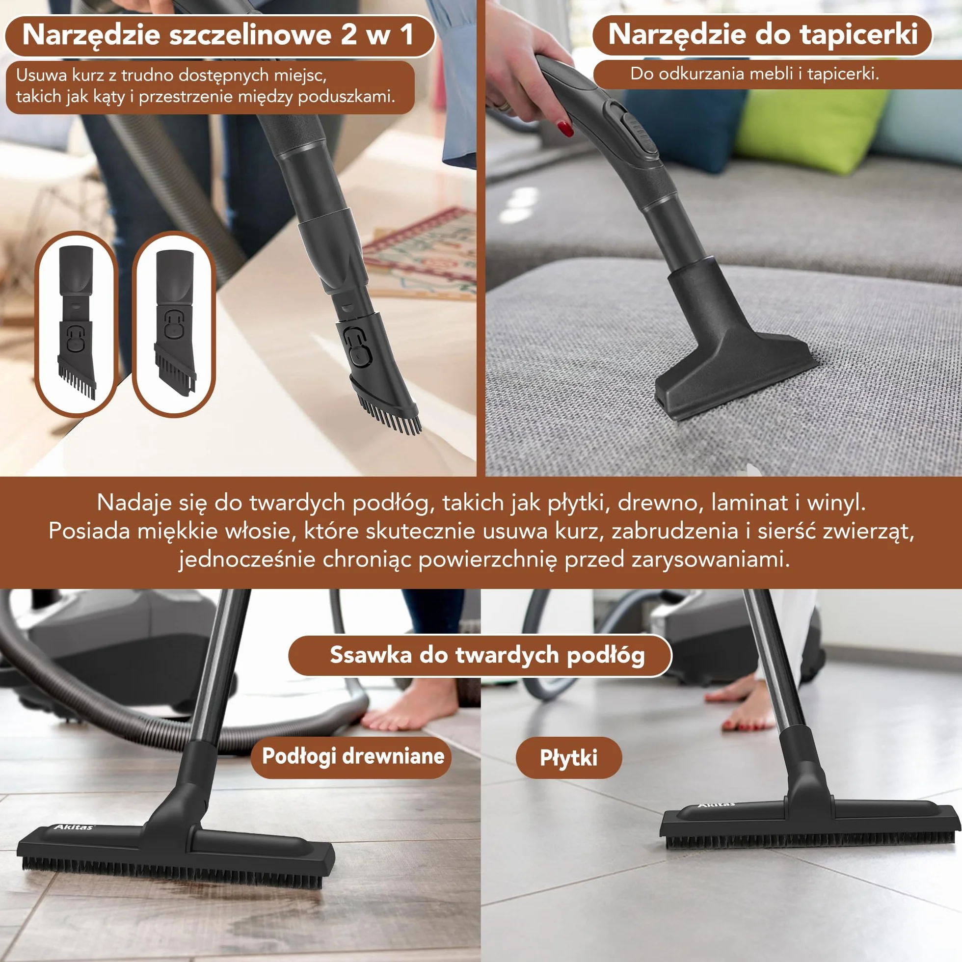 Odkurzacz workowy Akitas C11 Pet 900W z turboszczotką 7m przewód 10m zasięg 70dB