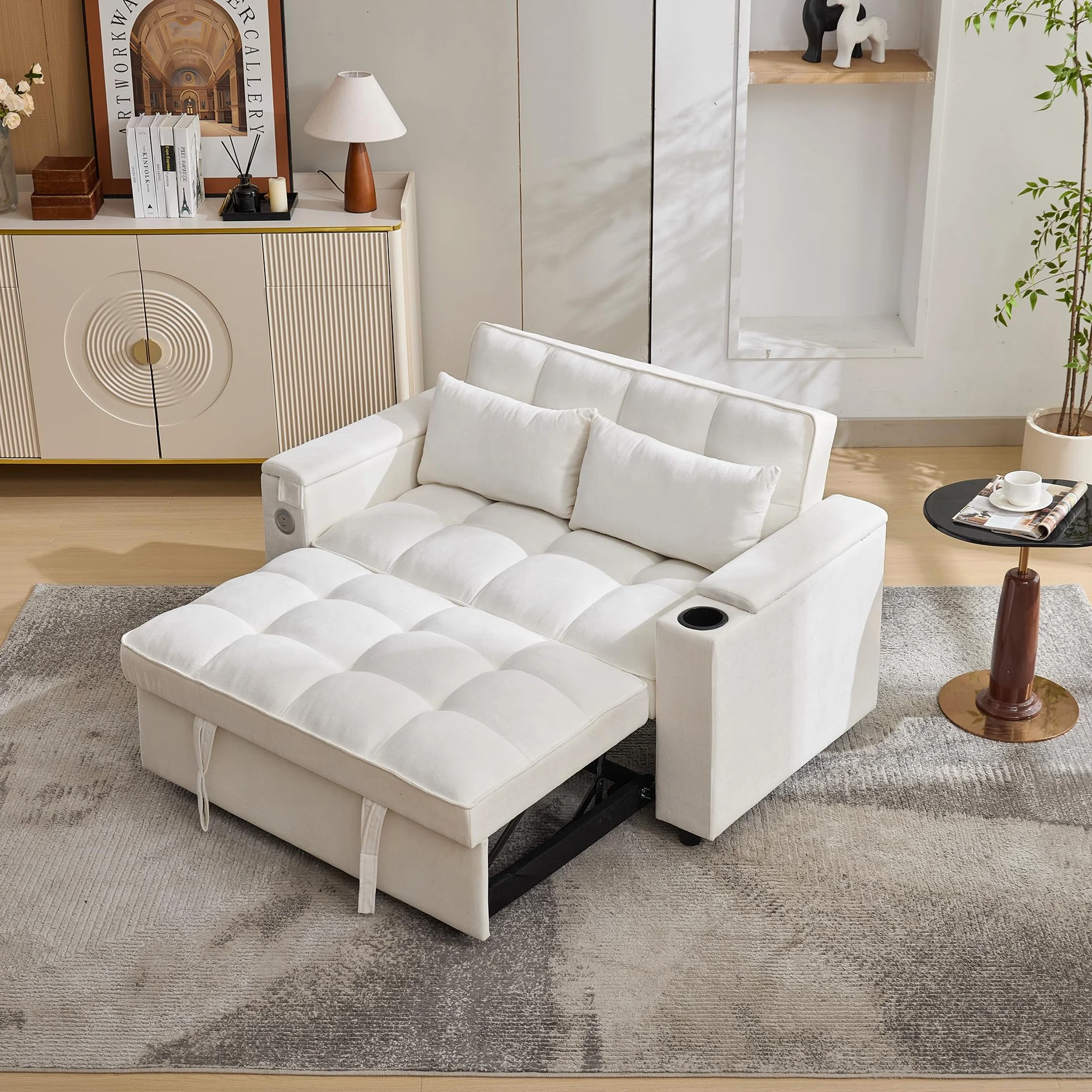 Sofa 2-osobowa z funkcją spania 140,5 x 74 x 82 cm rozkładana 3 w 1 regulowanym oparciem USB ukryty stół beżowa