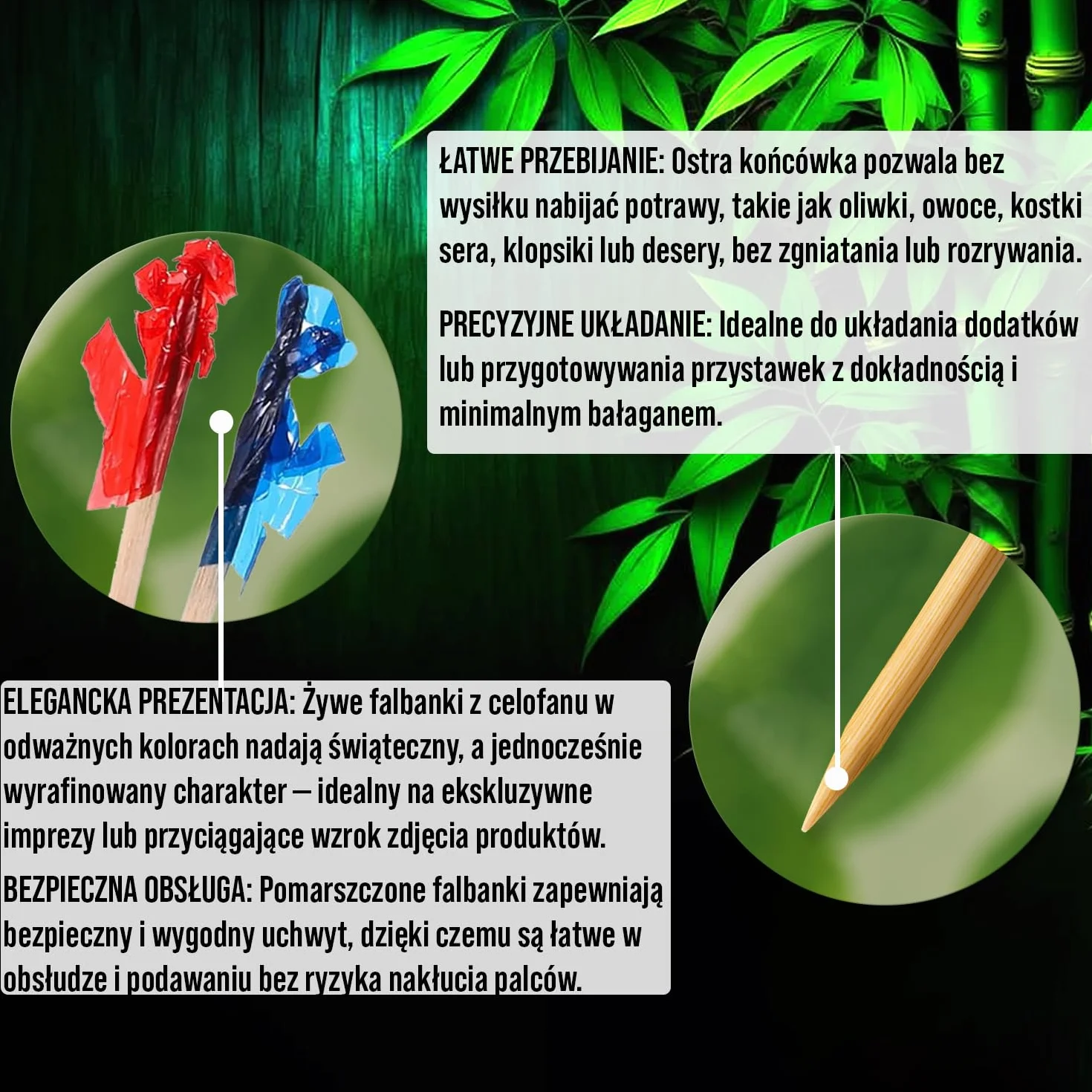 Kolorowe Bambusowe Wykałaczki z Frędzlami 6,5 cm 500 Sztuk Czerwone Złote Zielone Niebieskie
