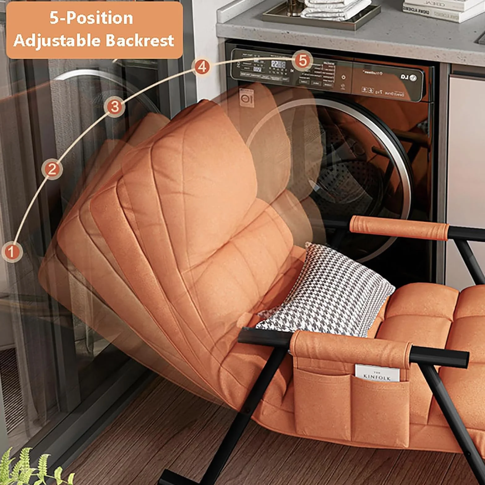 Schaukelstuhl mit Liegefunktion und Seitentasche, verstellbare Fußstütze, Wohnzimmer Schlafzimmer (pomarańczowy)
