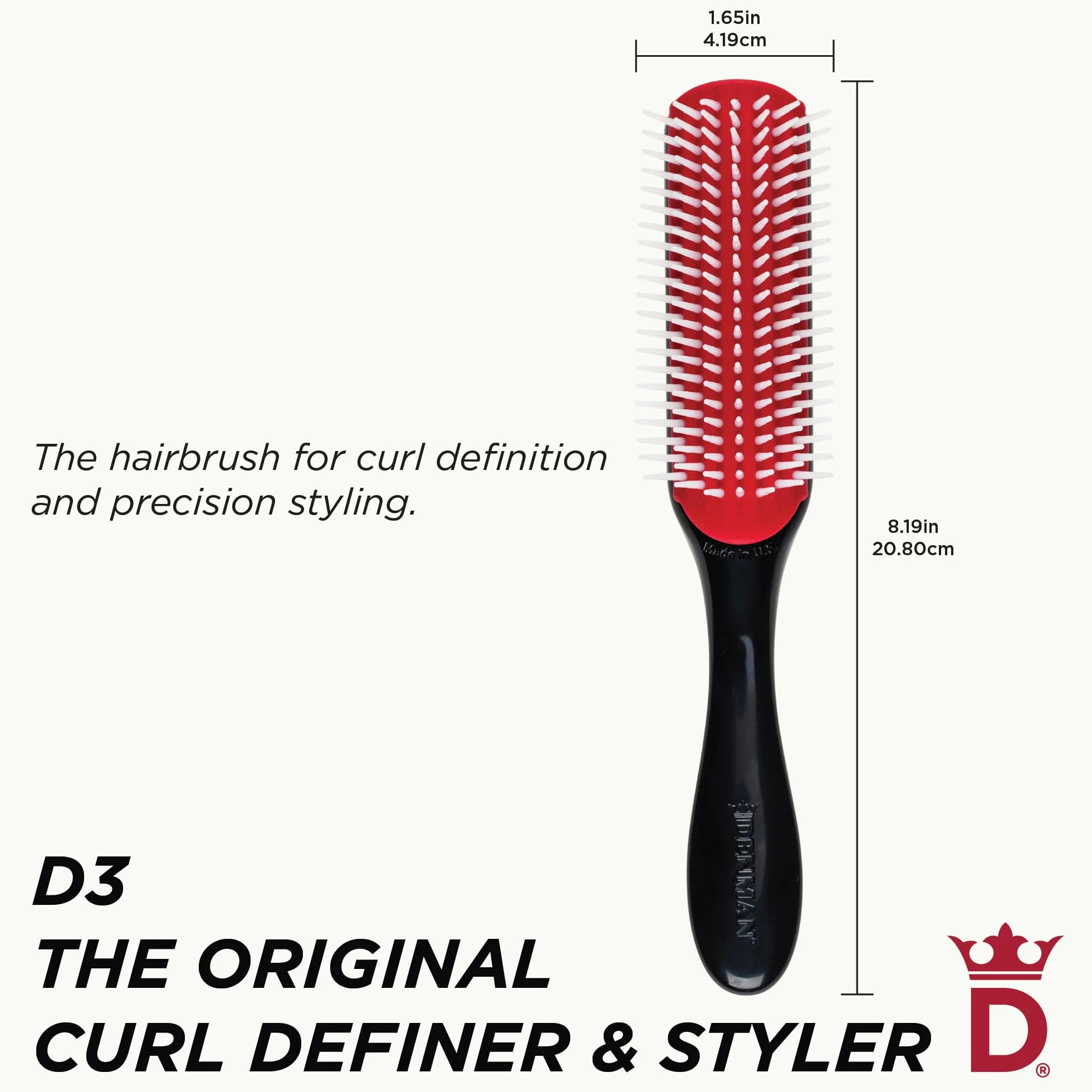 Denman Curly Hair Brush D3 (Black & Red) 7 Row Styling Brush for Detangling, Separating, Shaping and Defining Curls - For Women and Men